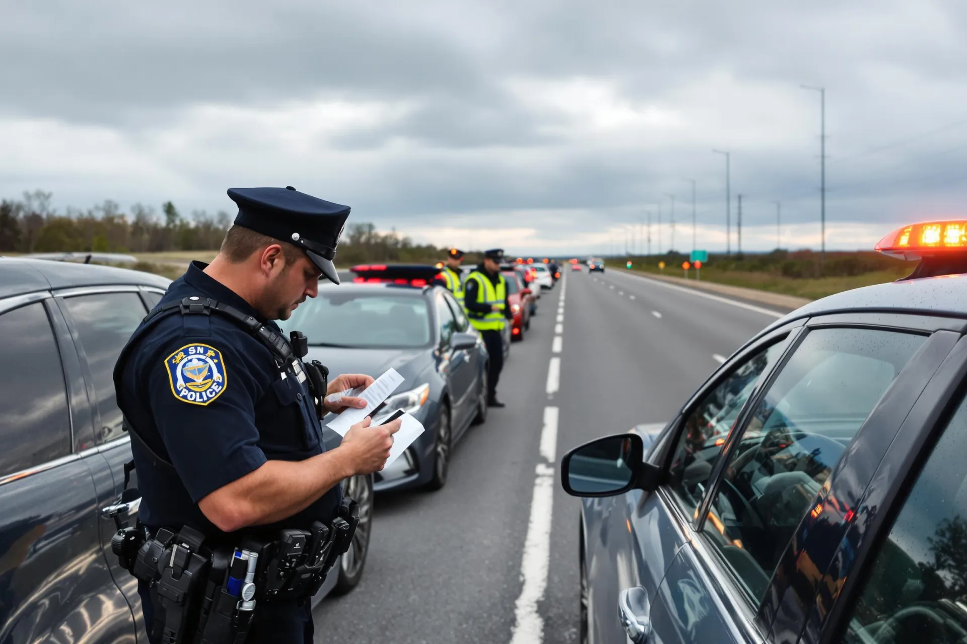 Un policier verbalise un conducteur utilisant son téléphone sur l'autoroute.