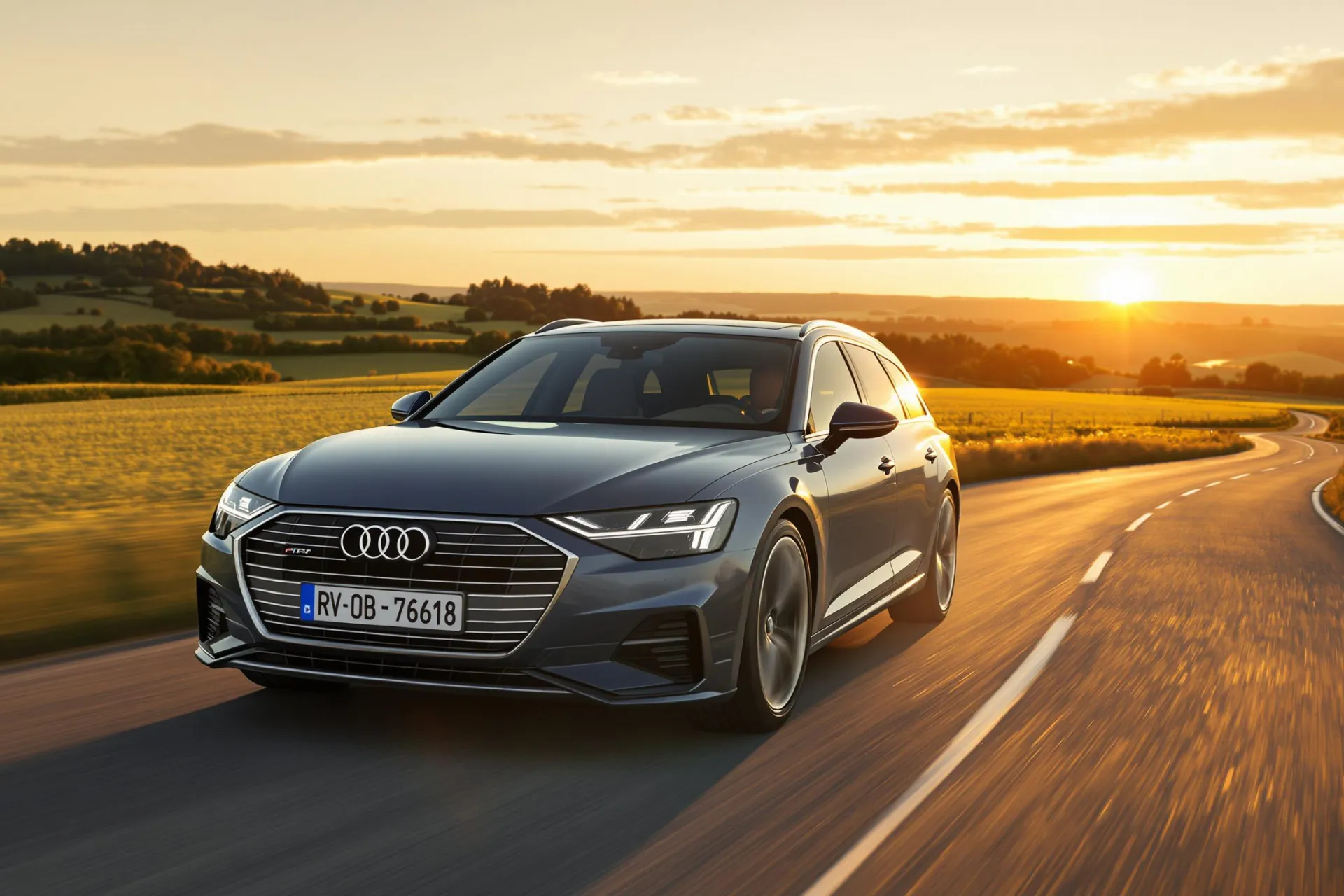 Une Audi A6 Avant e-tron noire roule sur une route sinueuse de campagne française baignée par la lumière dorée du coucher de soleil.