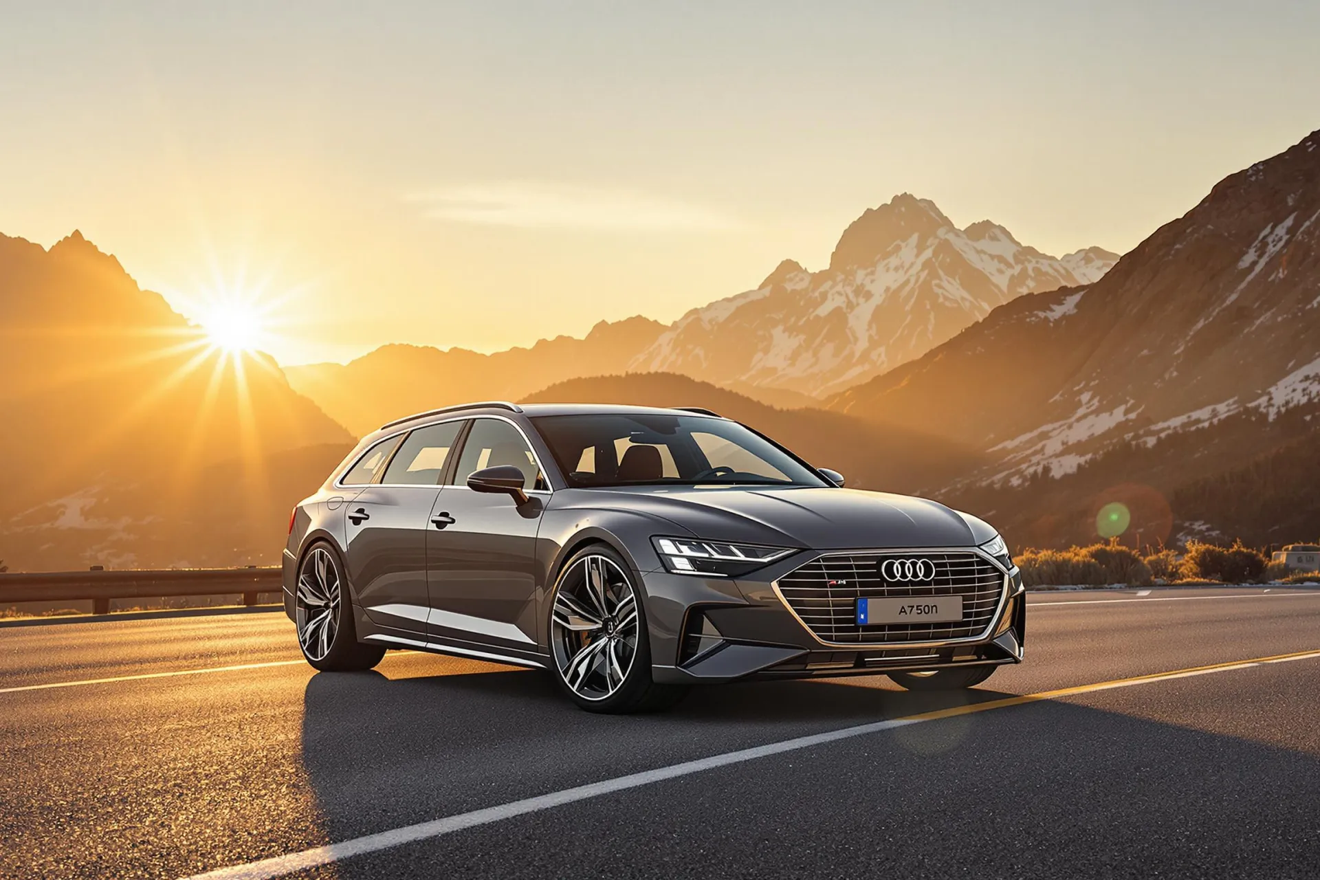 Une Audi A6 Avant e-tron est garée sur une route de montagne au coucher du soleil.