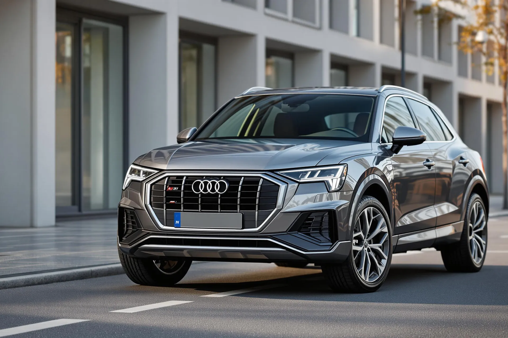 Le nouvel Audi Q3 2025 stationné dans un environnement urbain, montrant sa calandre Singleframe élargie et ses phares LED Matrix affinés.