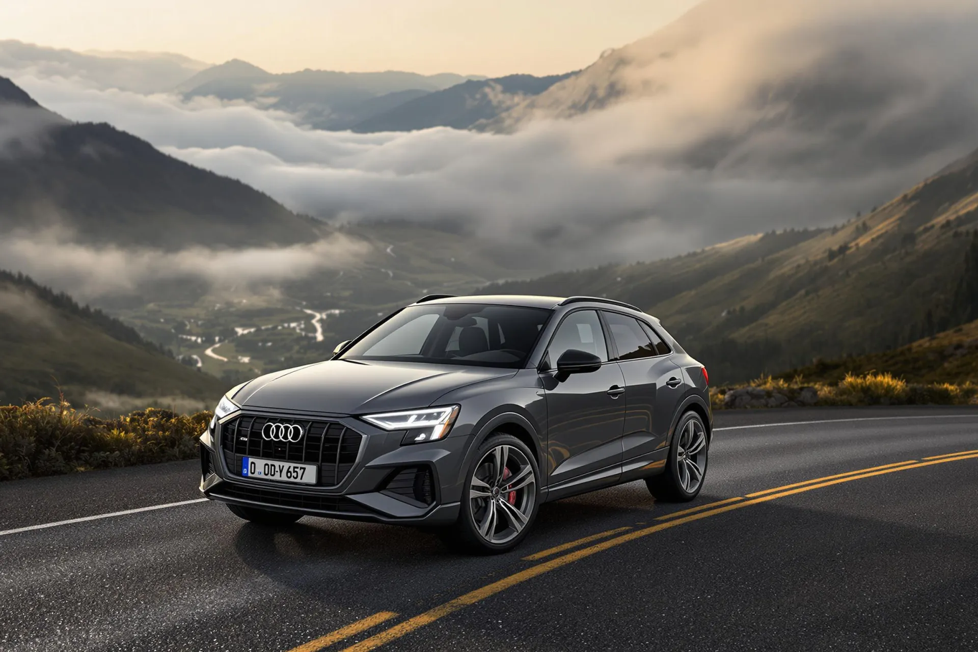 La nouvelle Audi Q3 Sportback 2025 roule sur une route de montagne sinueuse, offrant une vue panoramique sur une vallée embrumée.