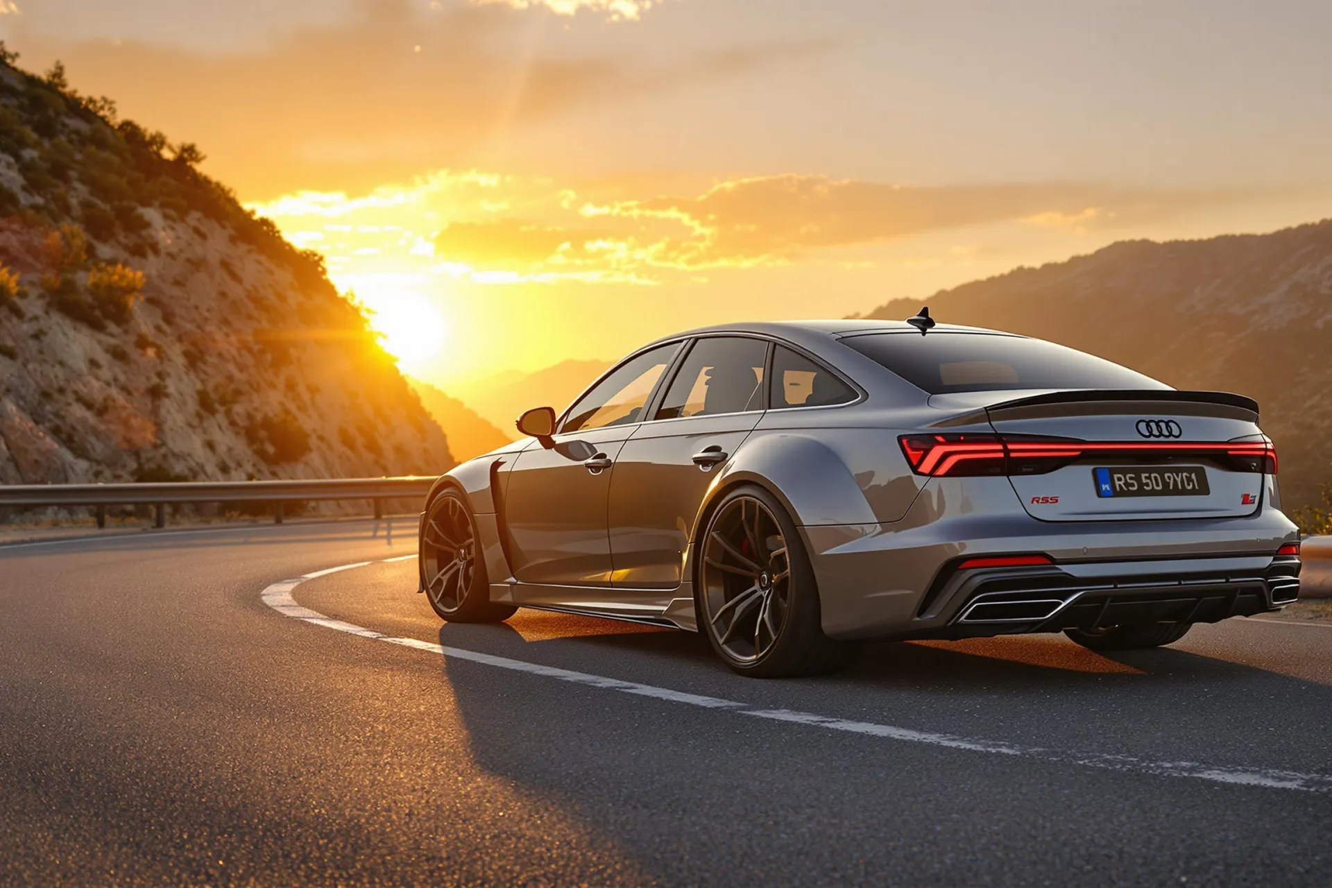 Une Audi RS6 hybride de profil sur une route sinueuse de montagne, capturée au coucher du soleil avec ses ailes élargies et sa suspension rabaissée.