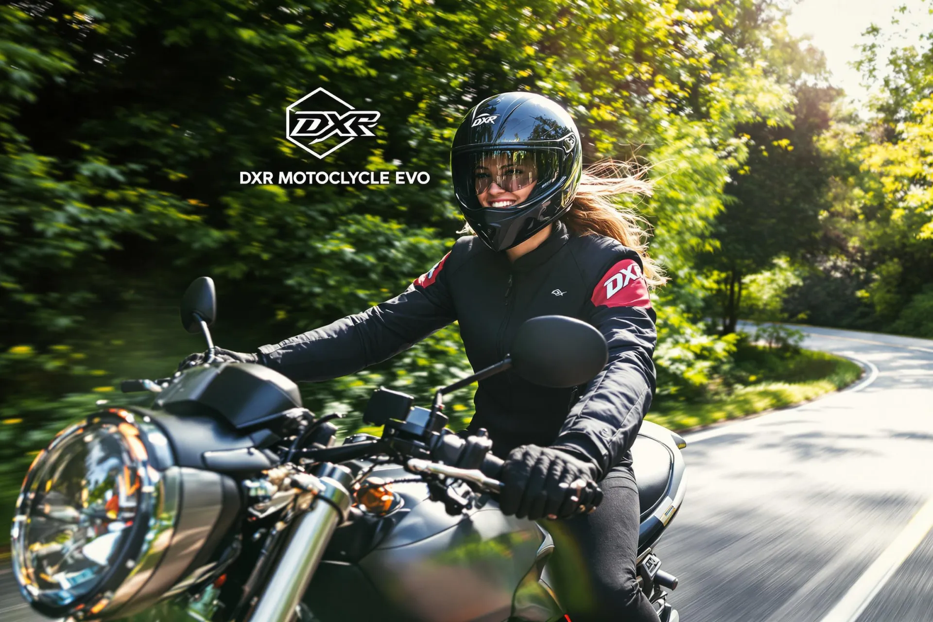 Une motarde portant le blouson DXR Jude Evo roule sur une route sinueuse.