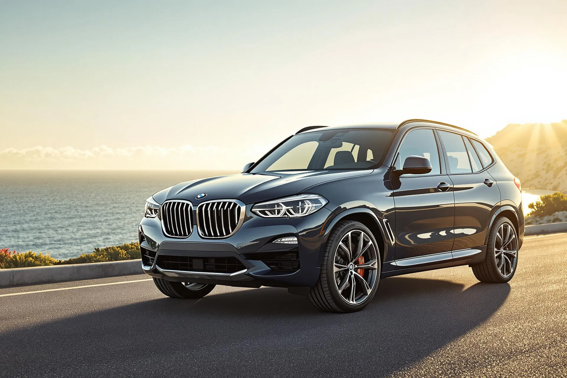 La BMW iX3 Neue Klasse garée sur une route côtière avec l'océan en arrière-plan.