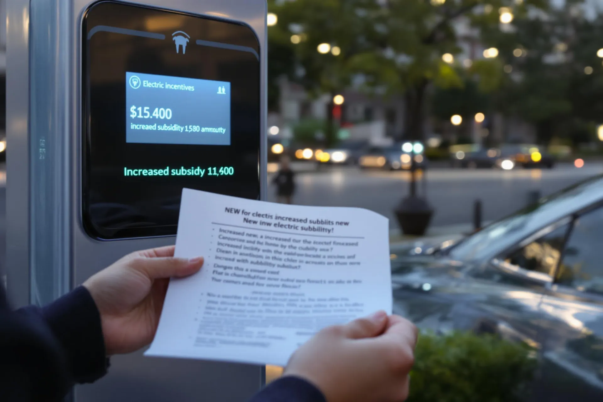 Une personne consulte un document détaillant les nouveaux montants du bonus écologique devant sa voiture électrique branchée à une borne de recharge.