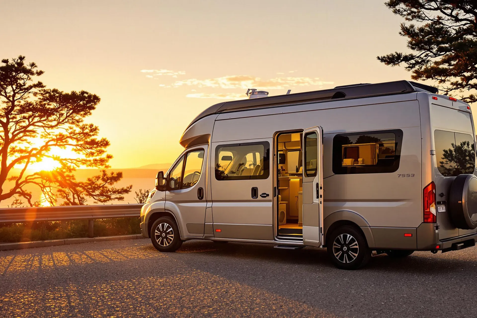 Un camping-car moderne stationné face à un coucher de soleil spectaculaire, sa porte entrouverte symbolisant la liberté et l'aventure du voyage itinérant.