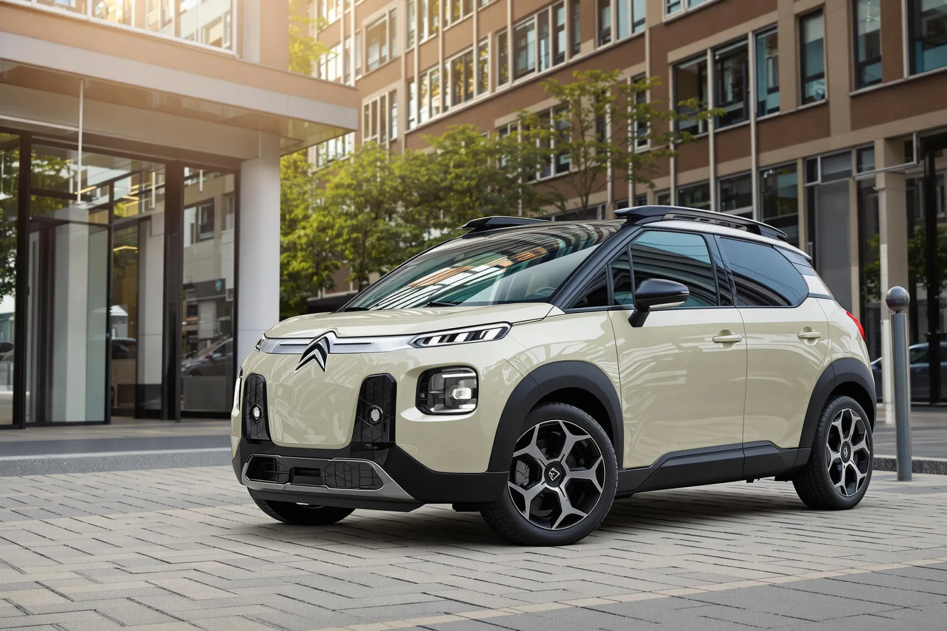 La Citroën ë-C3 est garée dans un cadre urbain moderne, mettant en valeur son design élégant.