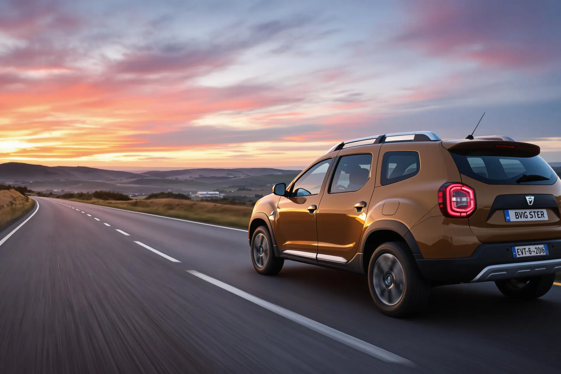 Une Dacia Bigster GPL roule sur une route pittoresque au coucher du soleil.