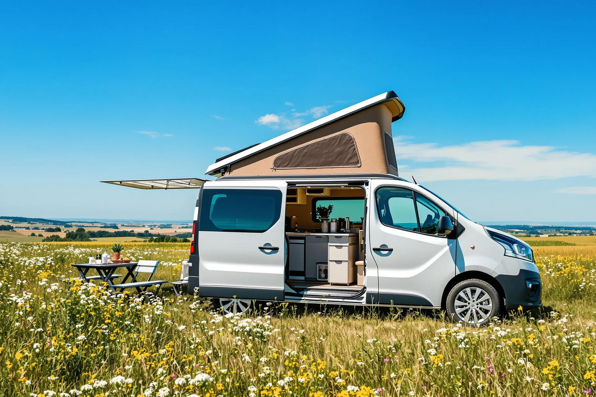 Un Dacia Dokker transformé en camping-car, stationné dans la campagne française ensoleillée.