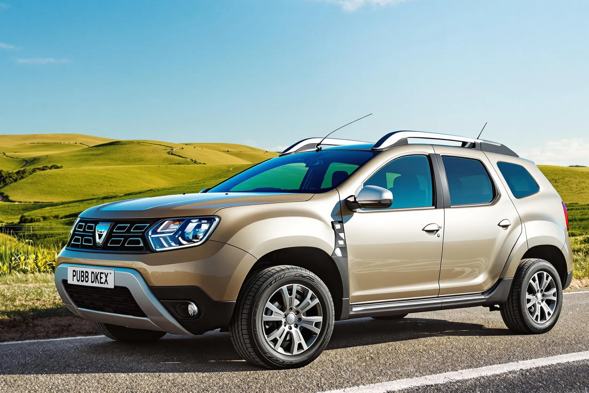 Un Dacia Duster II est garé dans un cadre champêtre avec des collines vertes.