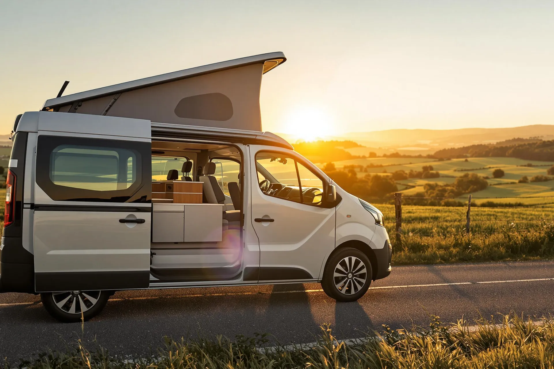 Un van Dacia Sandman compact stationné sur une petite route de campagne avec sa porte latérale ouverte, baigné par la lumière dorée du soleil couchant.