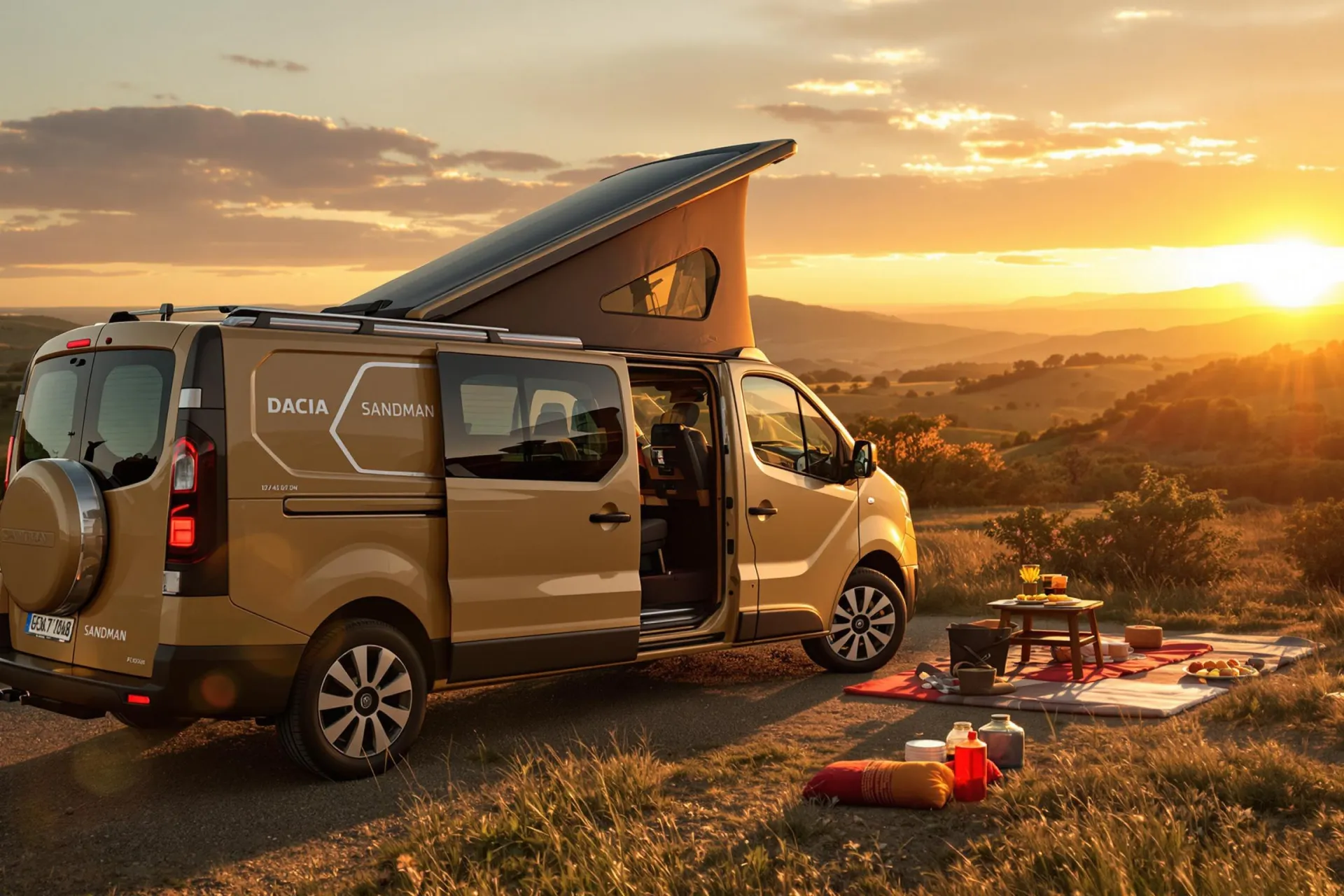 Le van Dacia Sandman est garé dans un cadre naturel pittoresque au coucher du soleil.