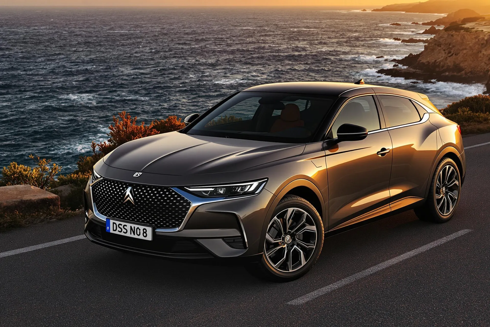 Le DS N°8 SUV coupé est garé sur une route côtière au coucher du soleil.