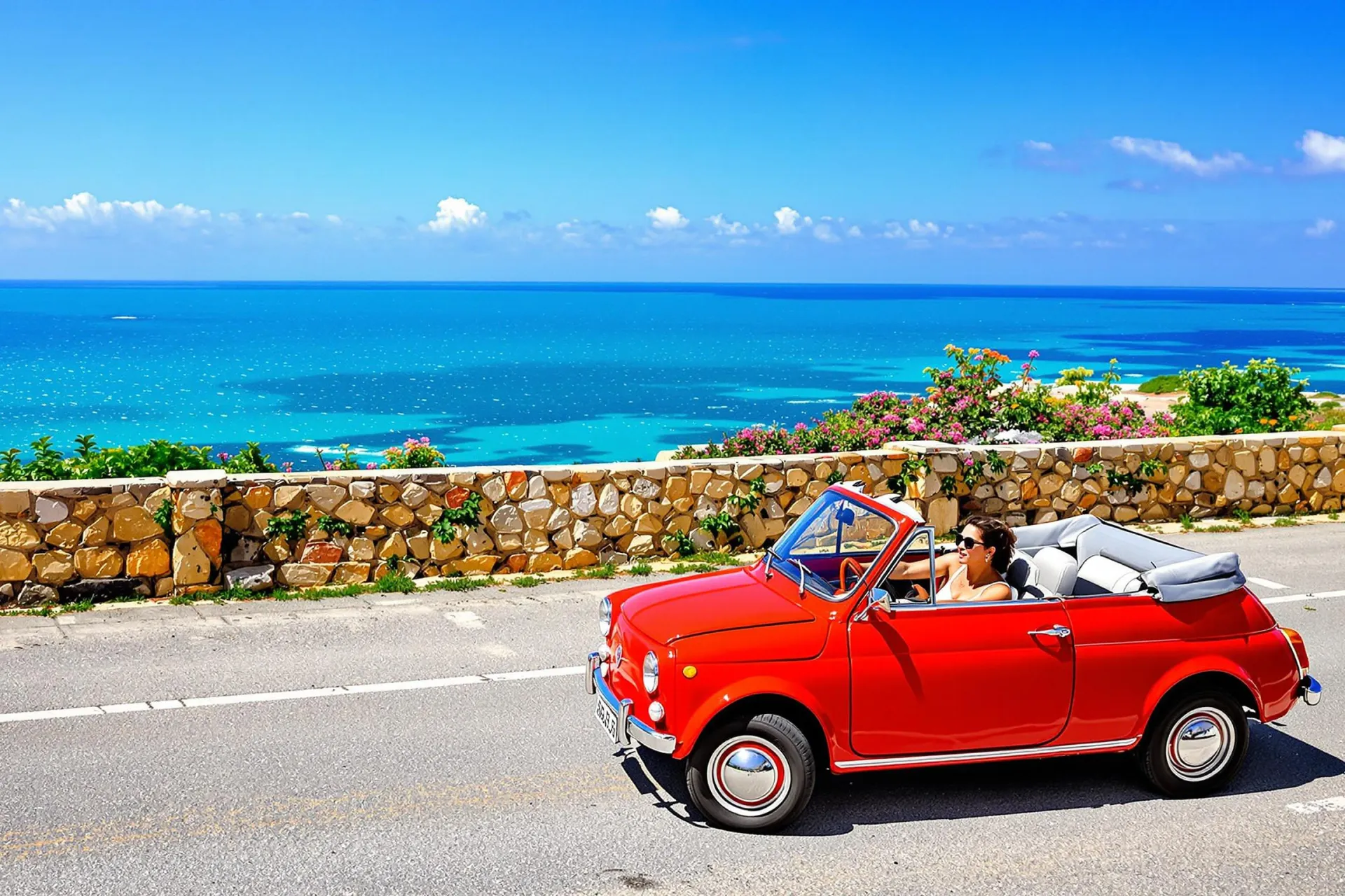 Une Fiat 126 Pop cabriolet rouge sur une route côtière ensoleillée avec la mer Méditerranée en arrière-plan.