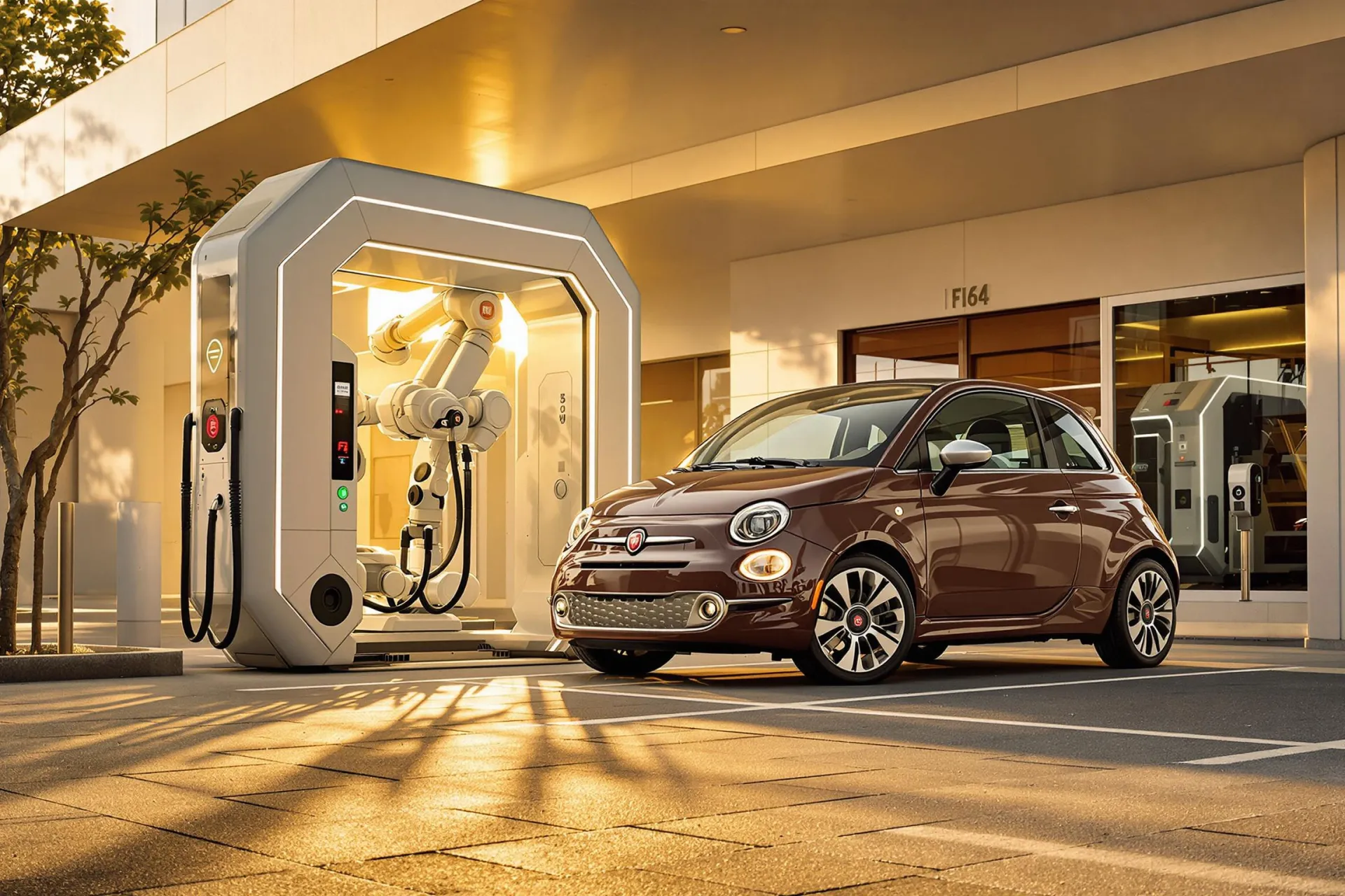 Une Fiat 500 électrique à une station d'échange de batterie moderne, éclairée par le soleil couchant.