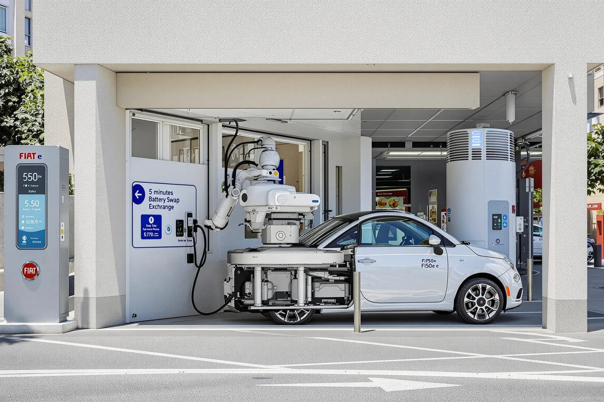 Une Fiat 500e blanche stationnée à une station d'échange de batterie moderne à Madrid, où un mécanisme robotisé remplace les modules de batterie en cinq minutes.
