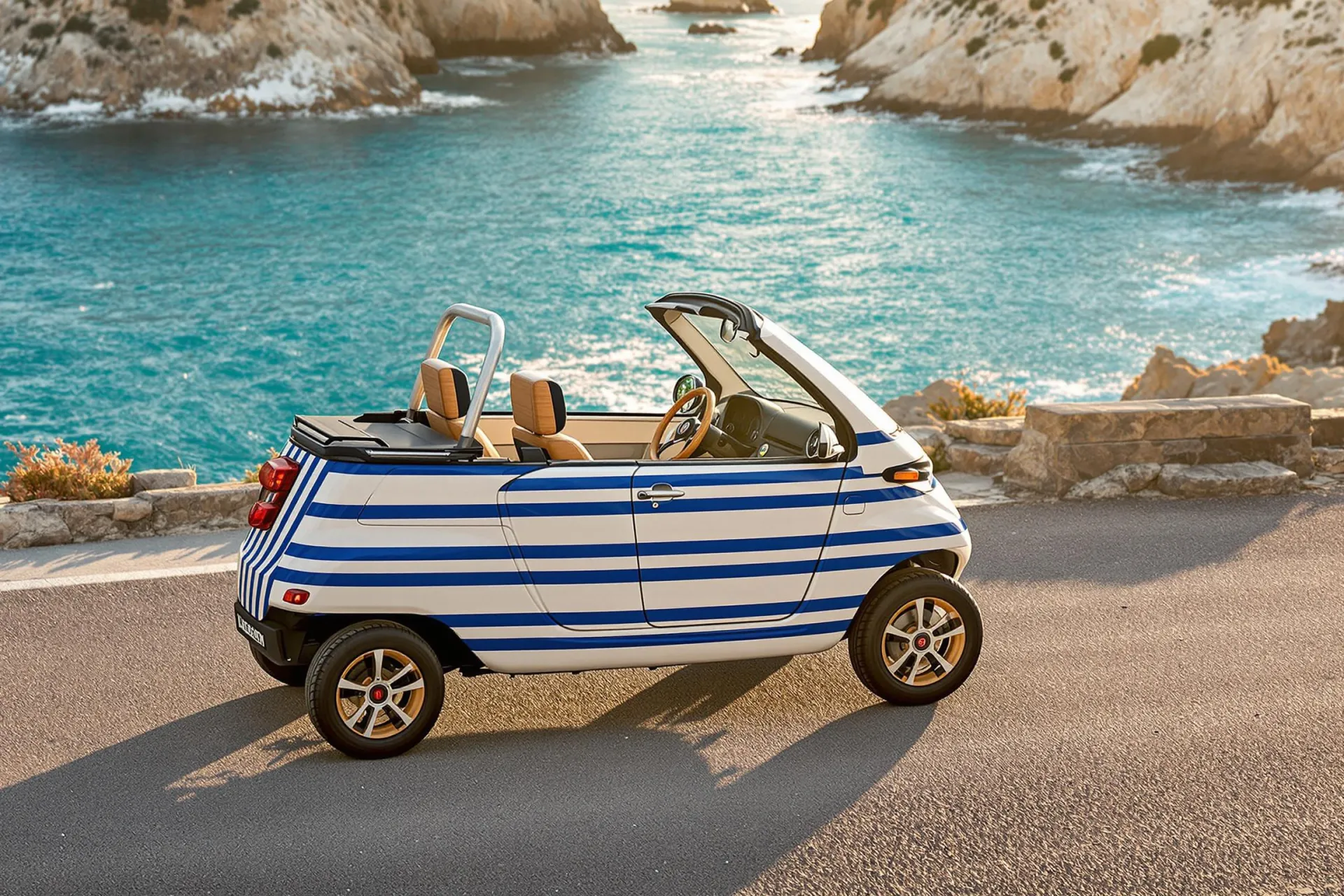 Une Fiat Topolino Vilebrequin bleue et blanche rayée est garée sur une route côtière méditerranéenne au coucher du soleil, capote baissée révélant son intérieur en teck.