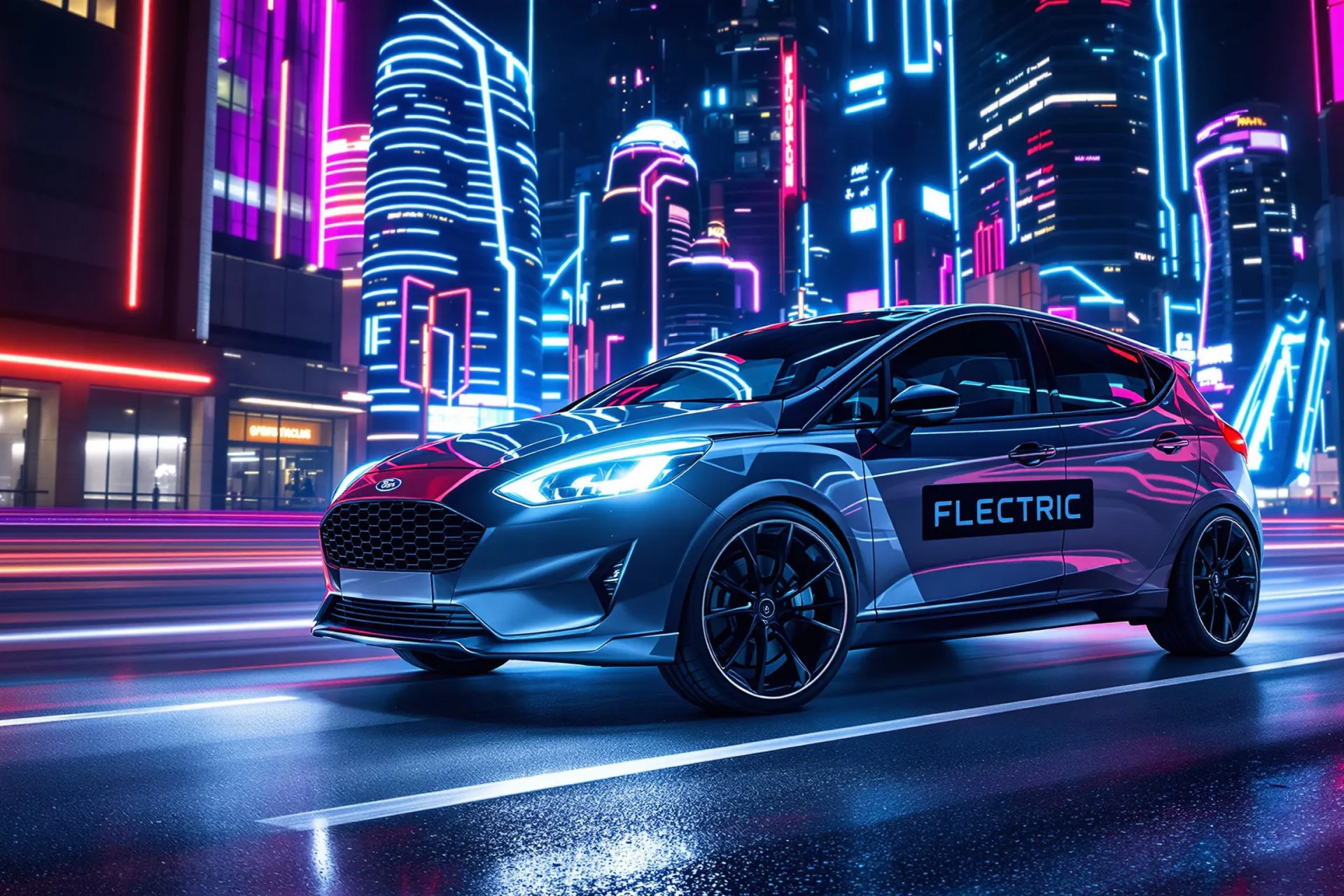 Une Ford Fiesta électrique est photographiée devant une ville éclairée par des néons.