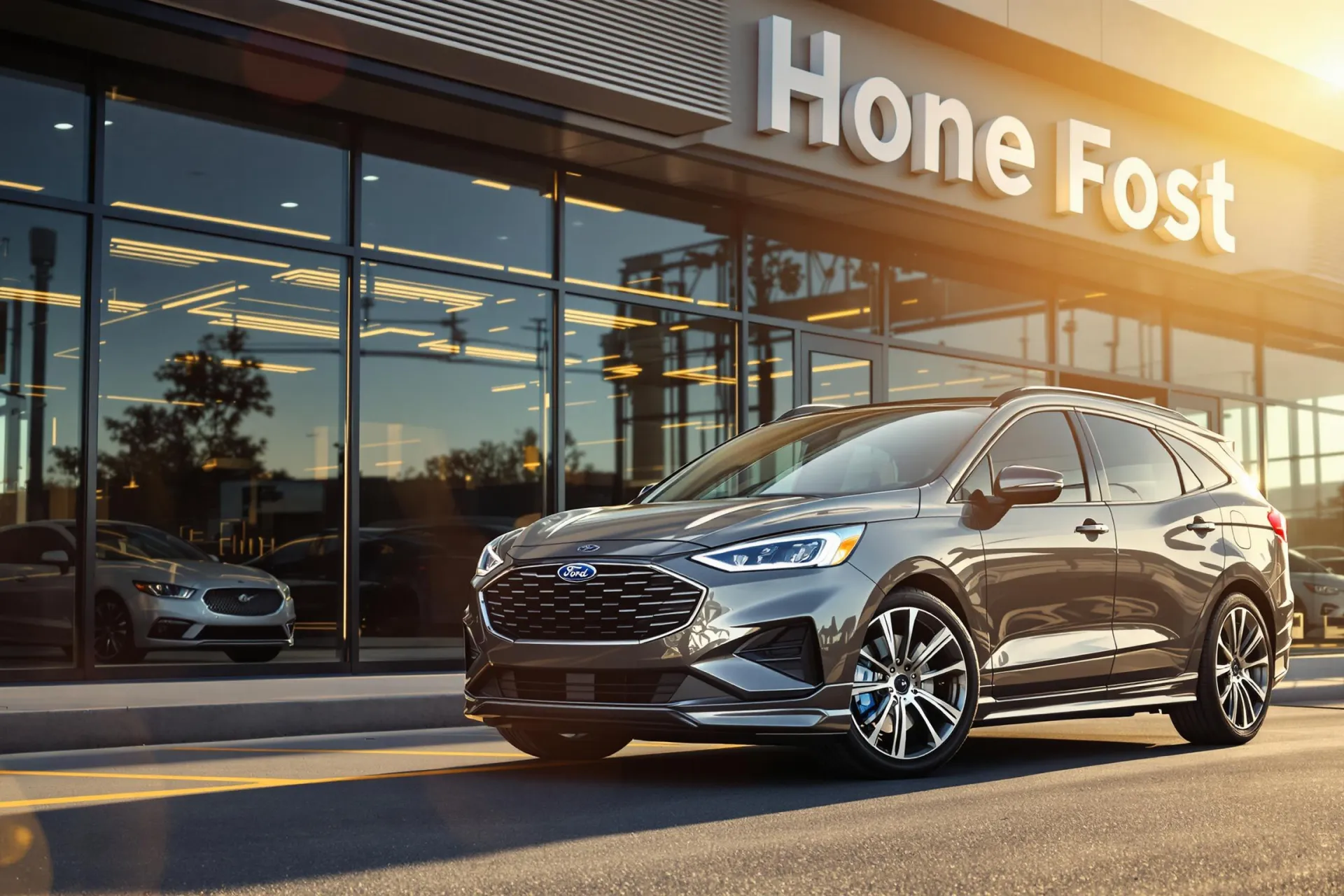 Une voiture Ford neuve garée devant une concession moderne sous le soleil.