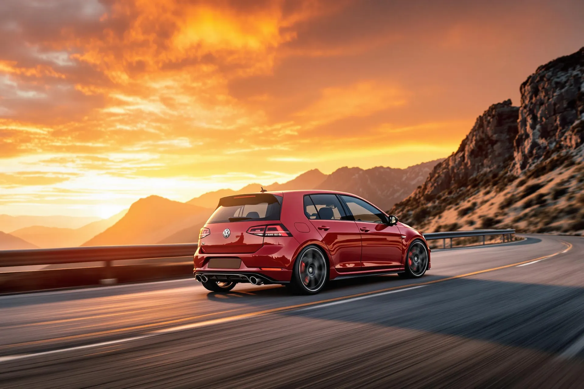 Une Volkswagen Golf GTI Edition 50 rouge négocie un virage serré sur une route de montagne au coucher du soleil, mettant en valeur son châssis abaissé et ses jantes forgées.