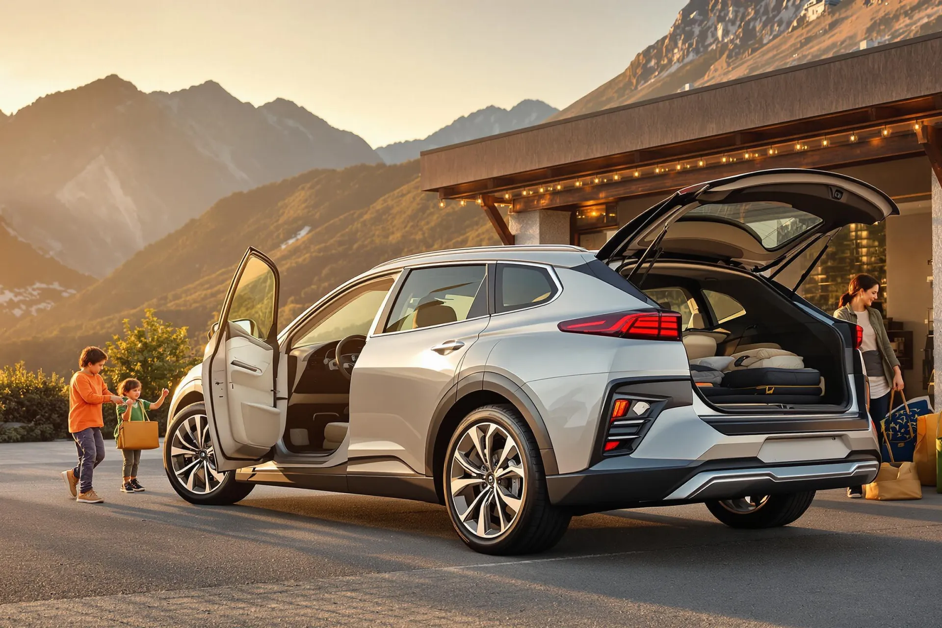 Un SUV électrique Hyundai Ioniq 9 de couleur métallisée est garé dans un paysage montagneux au coucher du soleil, avec une famille chargeant des bagages dans le coffre spacieux.