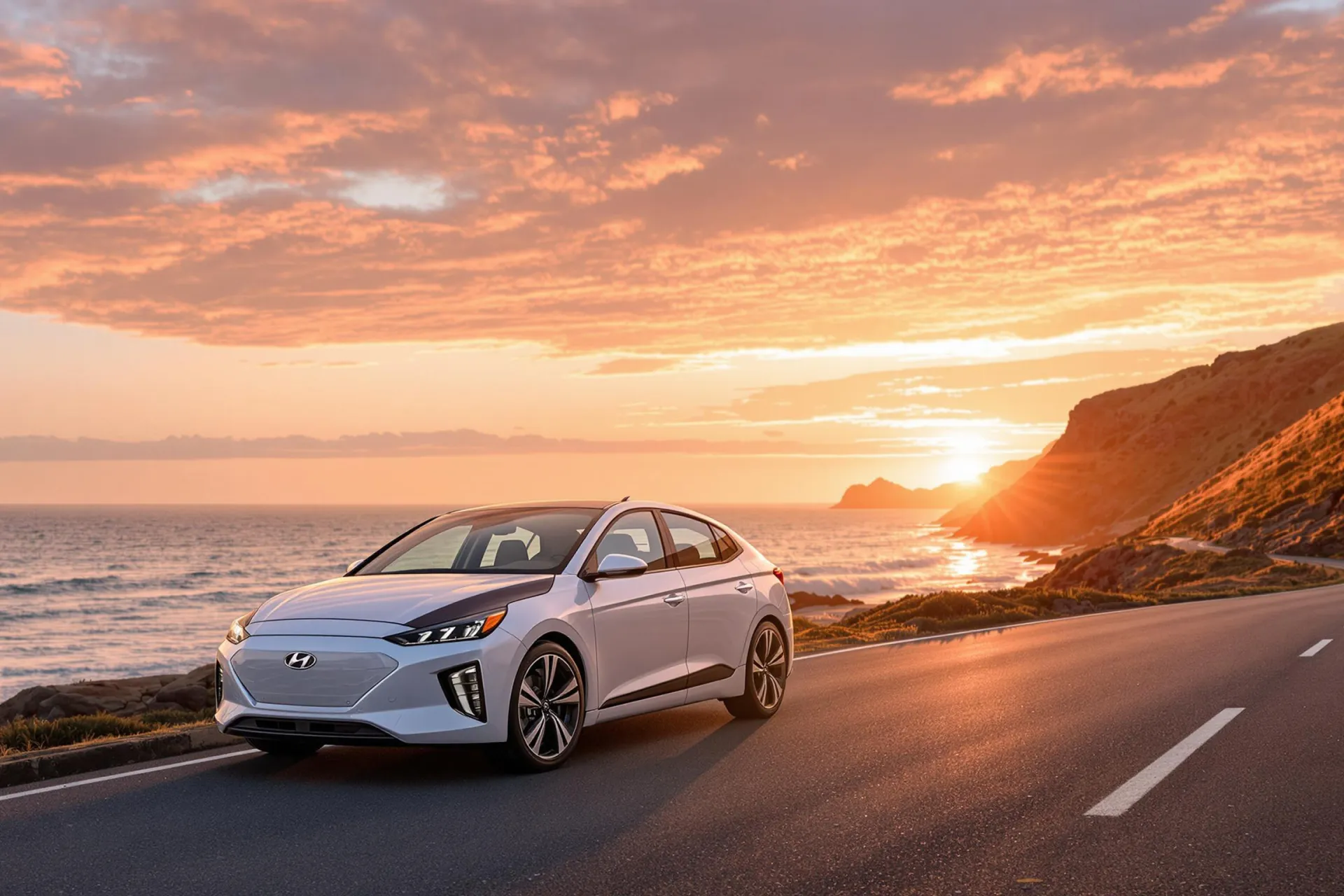 La Hyundai Ioniq 9, un SUV électrique 7 places, est stationnée sur une route côtière avec l'océan en arrière-plan sous une lumière dorée.