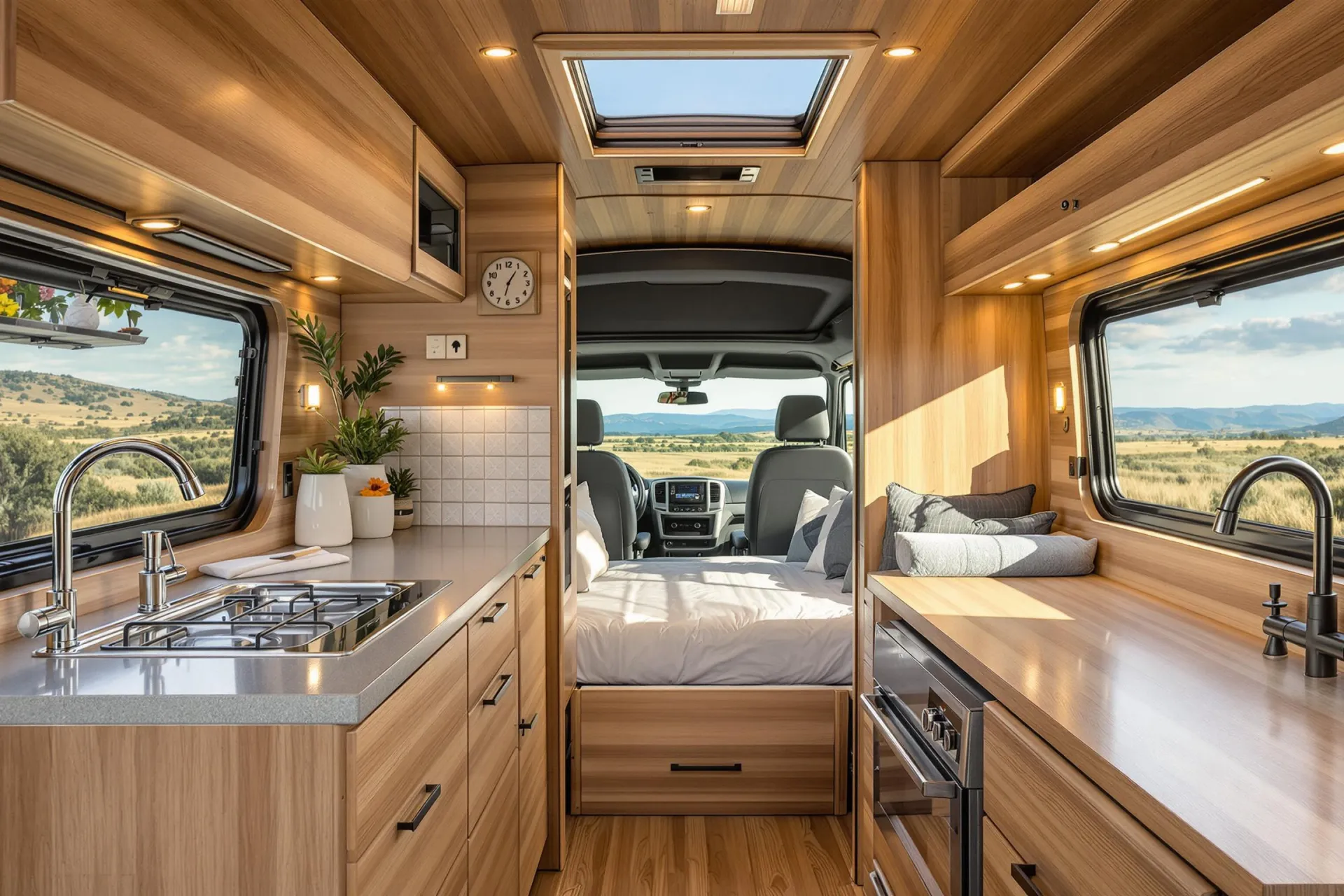 L'intérieur chaleureux d'un Volkswagen Transporter aménagé avec cuisine compacte, couchage confortable et rangements ingénieux baigné dans une lumière naturelle.
