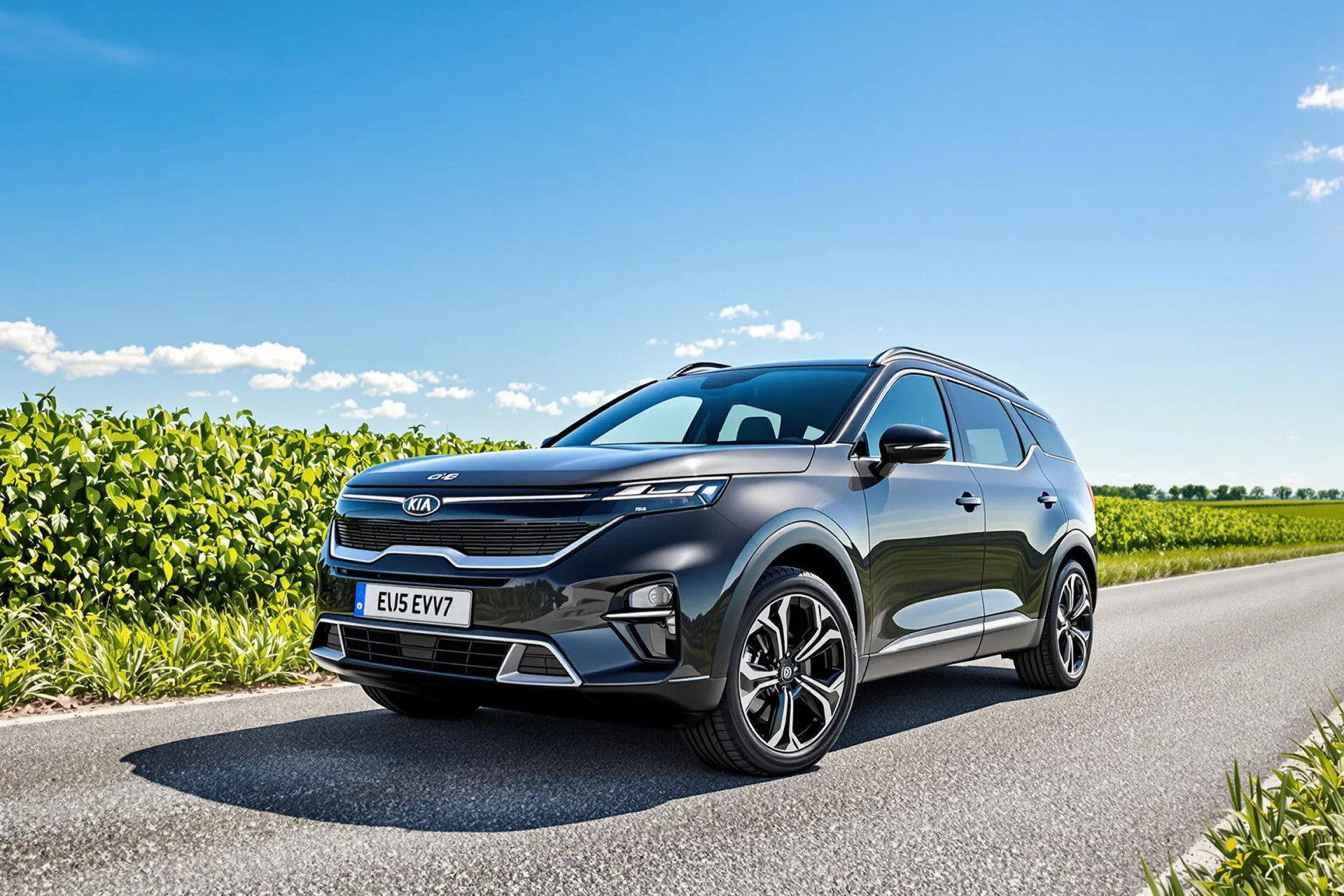 La KIA EV5 SUV est garée sur une route de campagne française, entourée de champs verts et sous un ciel bleu clair.