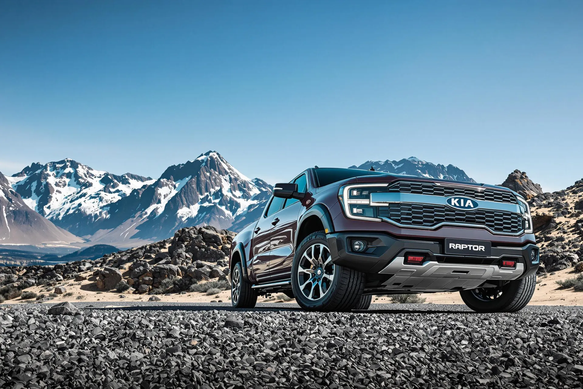 Le Kia Tasman est garé devant un paysage montagneux sous un ciel bleu.