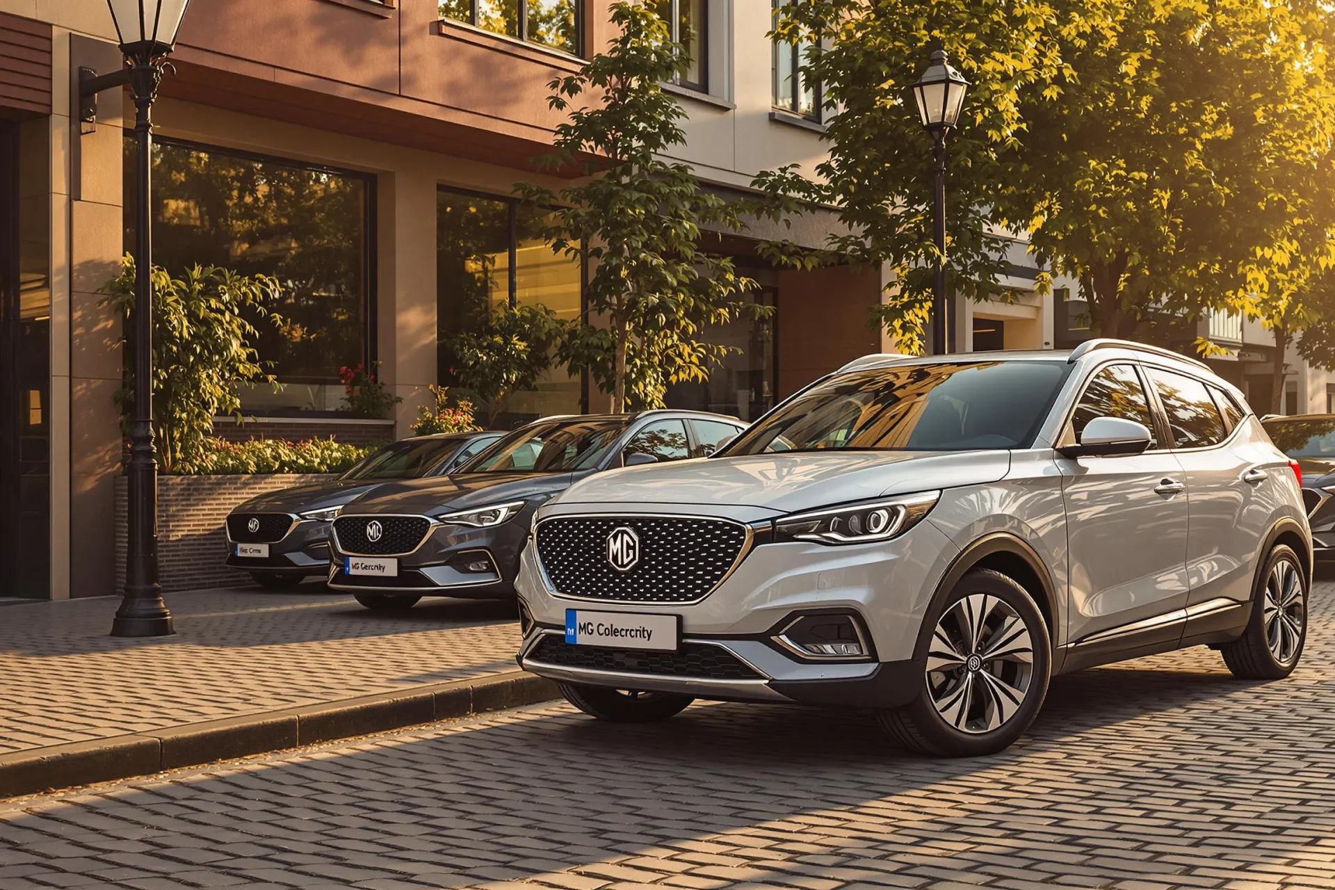 Les modèles électriques et hybrides de MG sont garés dans un cadre urbain moderne et ensoleillé.