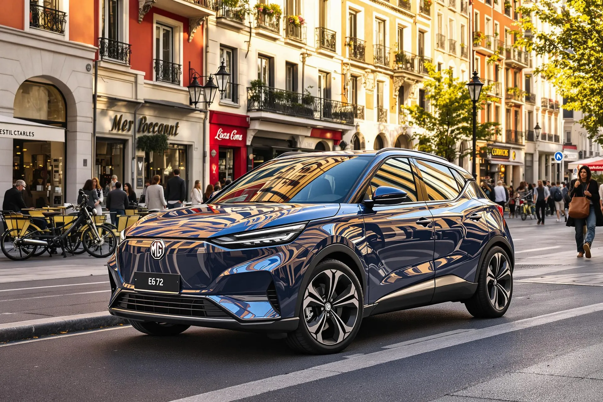 La voiture électrique MG2 est garée dans une rue animée d'une ville européenne, entourée de bâtiments historiques et de passants.