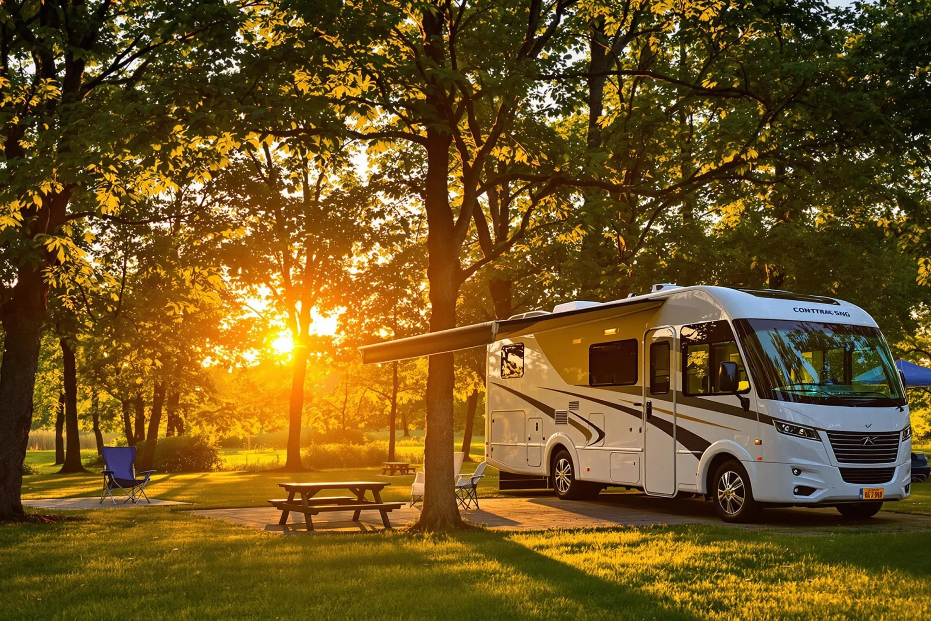 Un camping-car moderne garé dans un camping verdoyant au coucher du soleil.