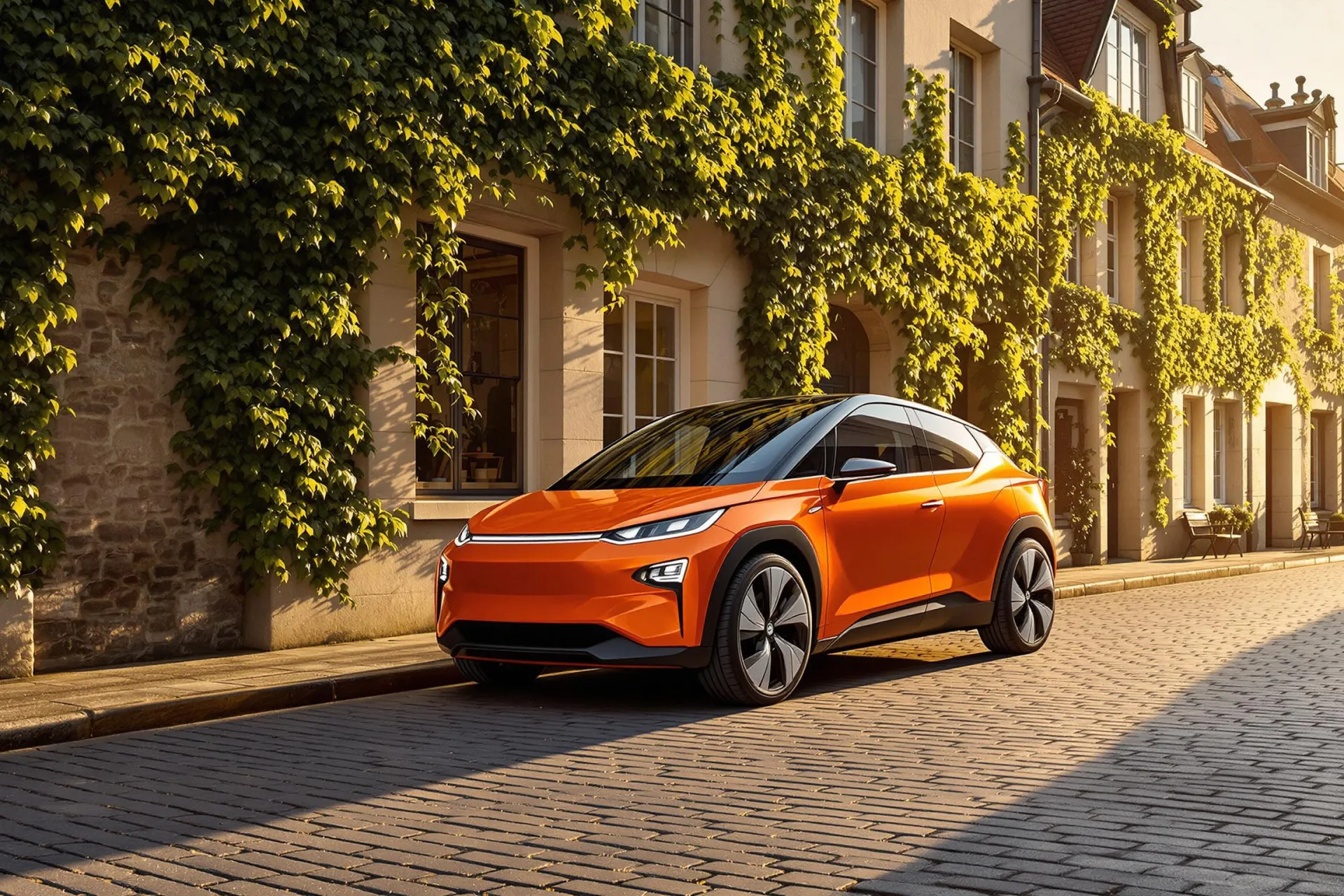 La voiture électrique Nio Firefly est garée dans un village français pittoresque.