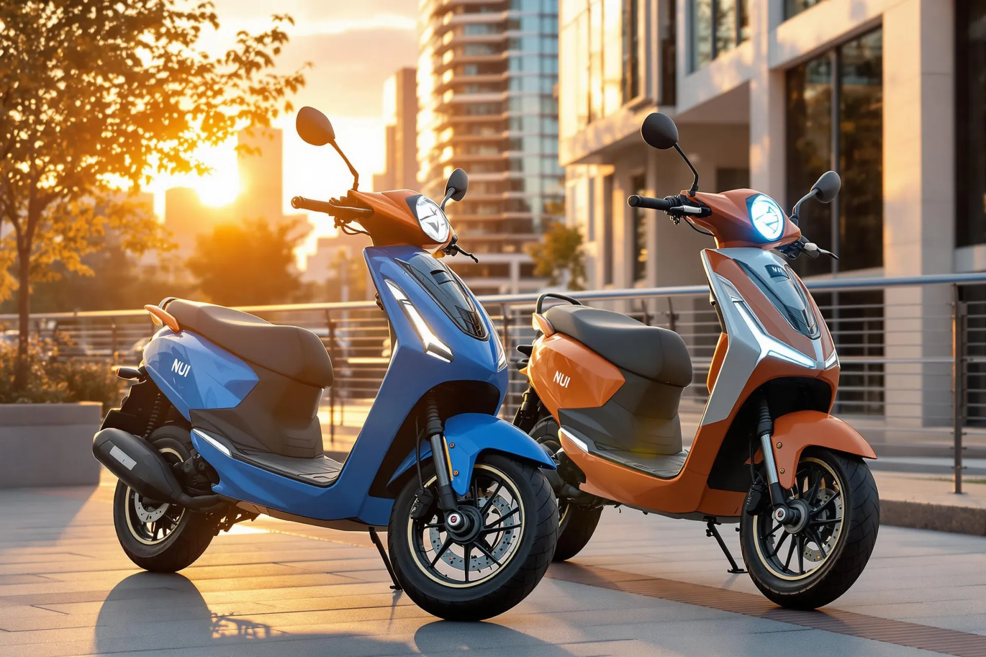 Les nouveaux scooters électriques NIU 2025 sont présentés dans un décor urbain moderne, capturés à l'heure dorée.