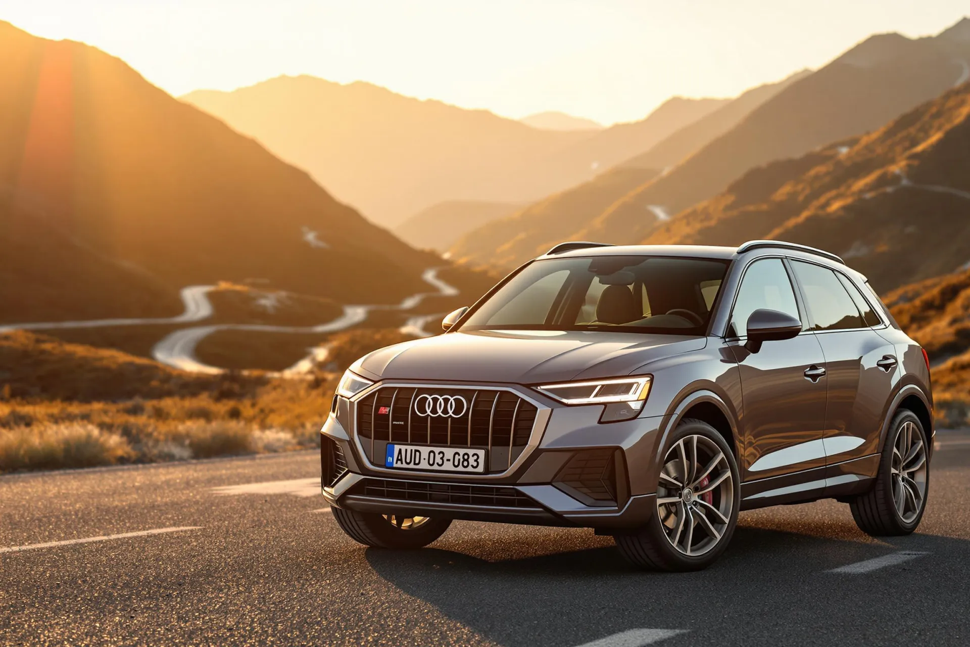 Le nouvel Audi Q3 2025 stationné sur une route de montagne au coucher du soleil, mettant en valeur son design musclé et ses lignes élégantes.