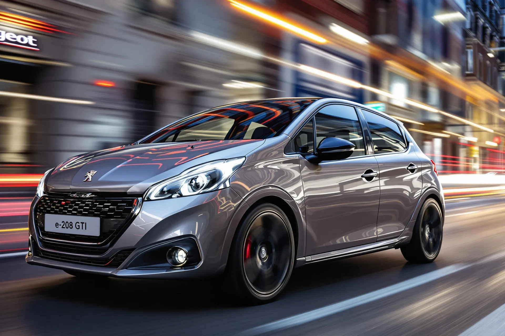 La Peugeot e-208 GTI est photographiée dans un cadre urbain dynamique et moderne.