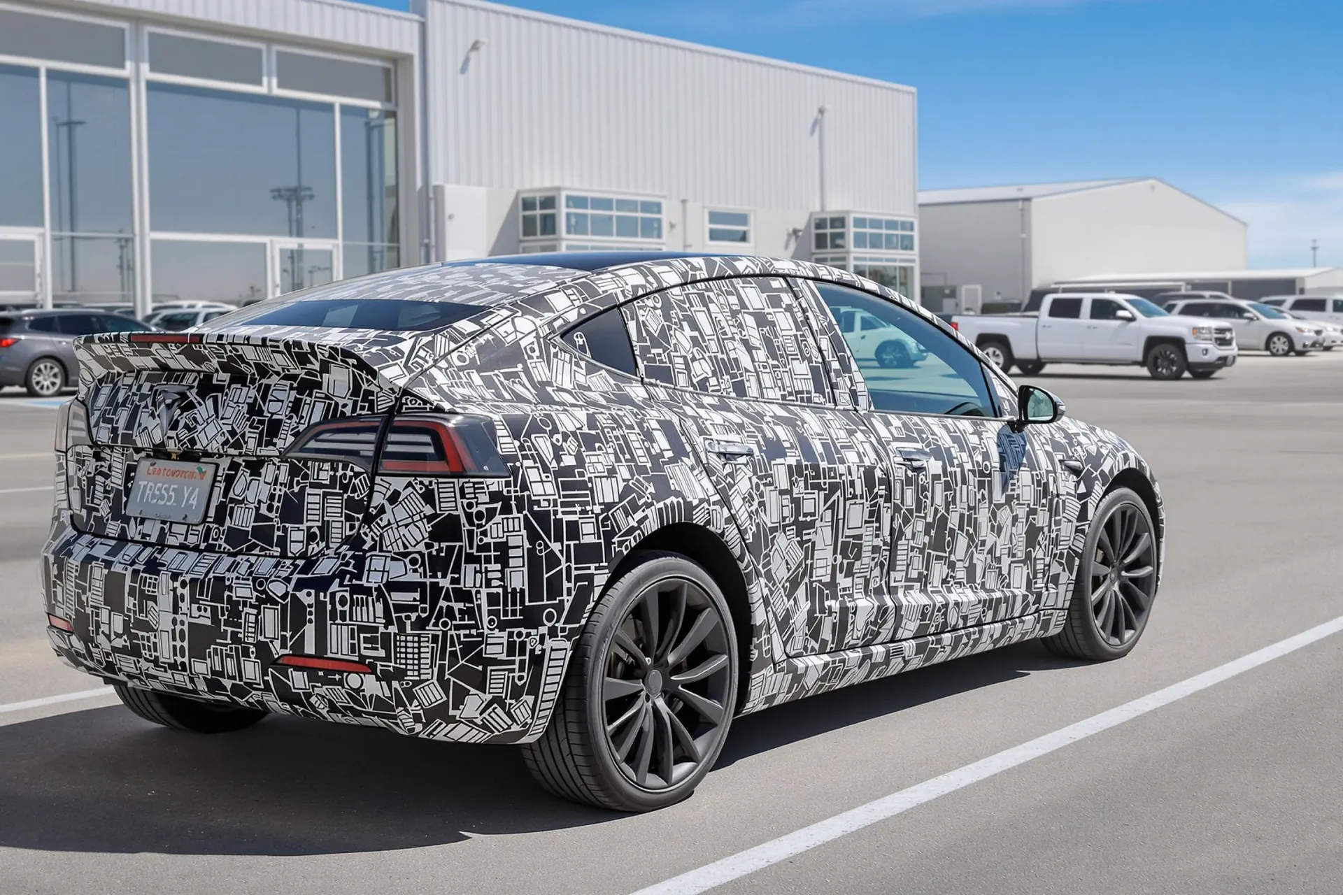 Un prototype Tesla camouflé ressemblant à un Model Y mais avec des proportions réduites est photographié sur le site de la Gigafactory de Fremont.