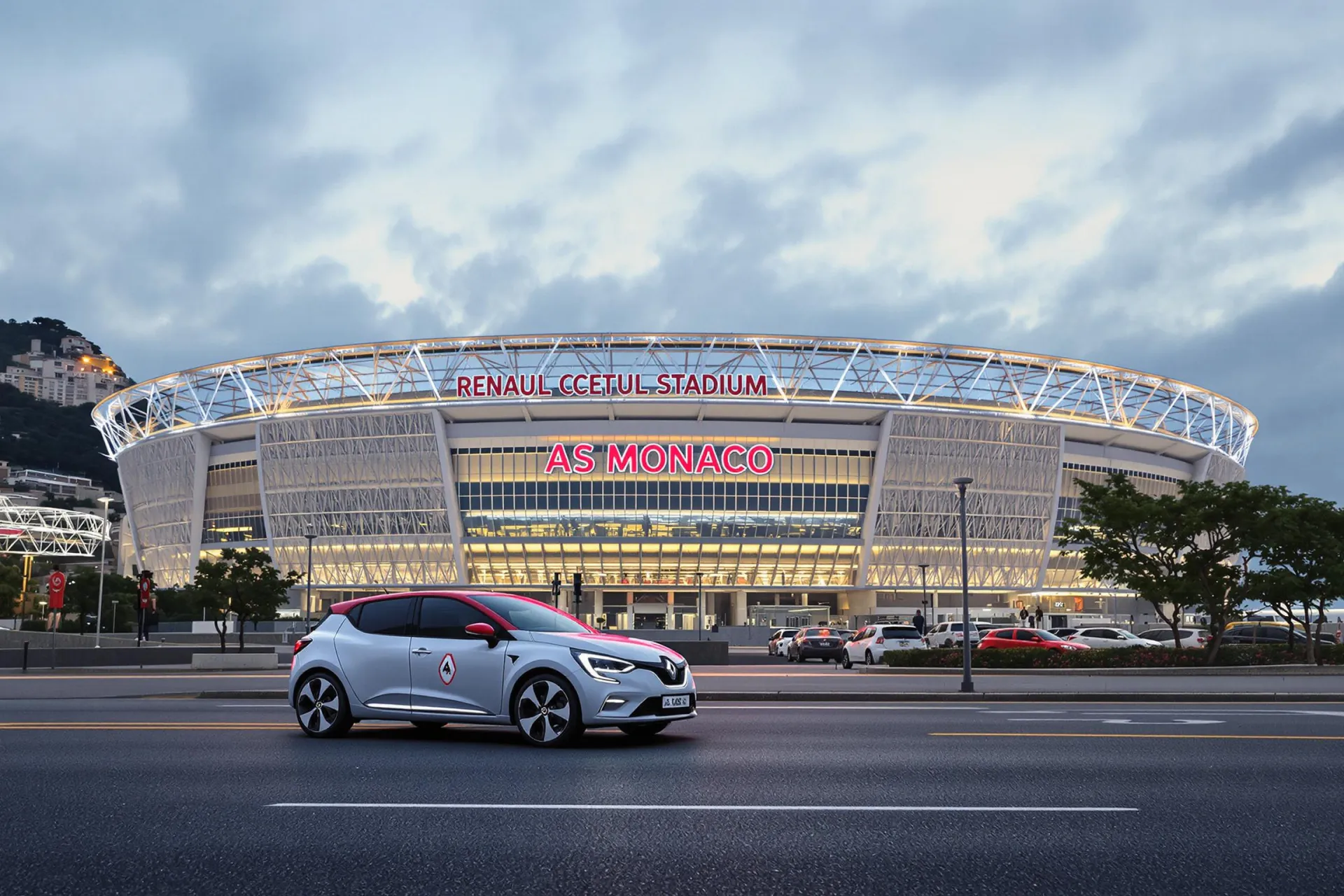 La Renault 4 électrique est stationnée devant le stade de l'AS Monaco, illuminé en soirée.