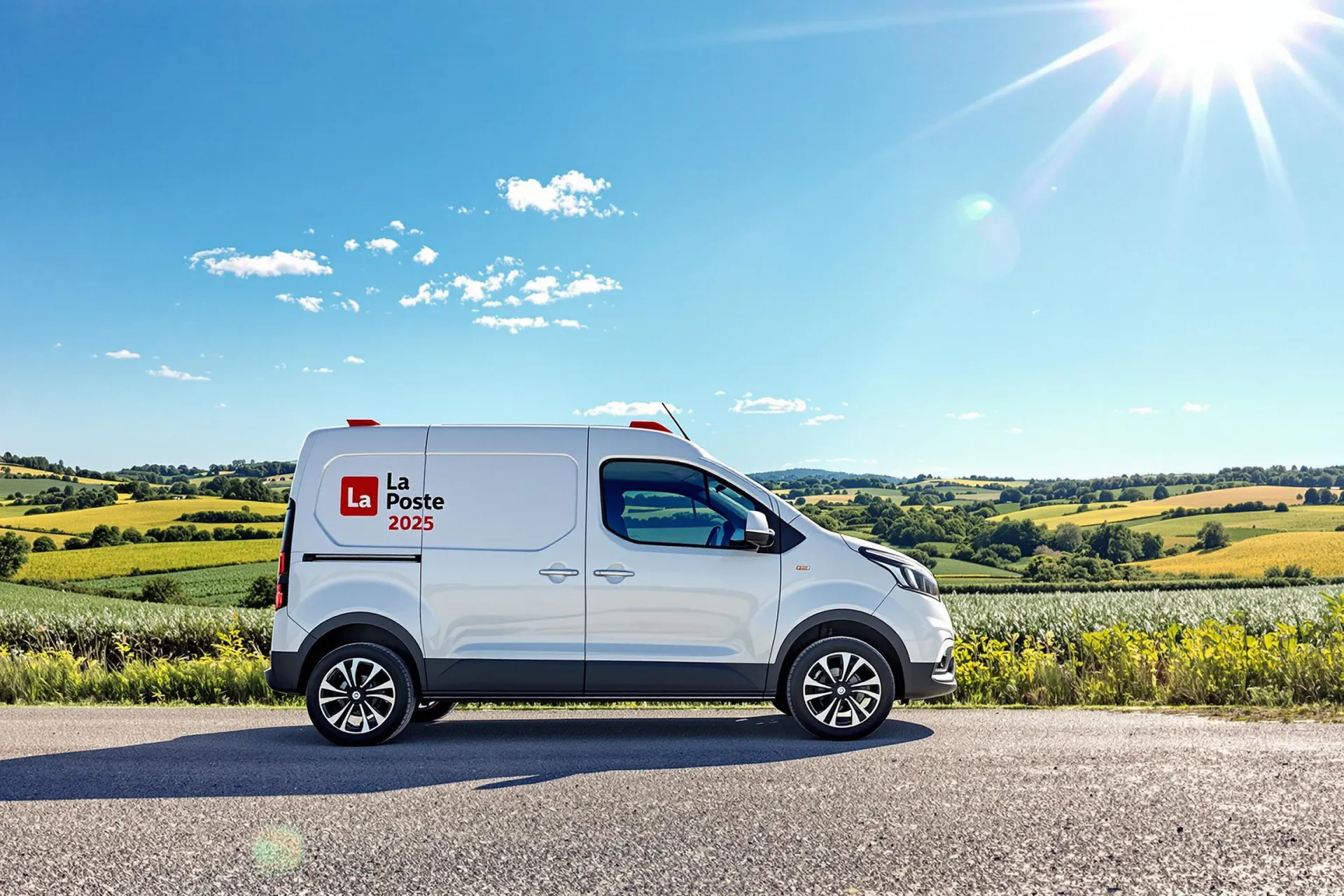La Renault 4L La Poste 2025 électrique stationnée dans une campagne française ensoleillée.