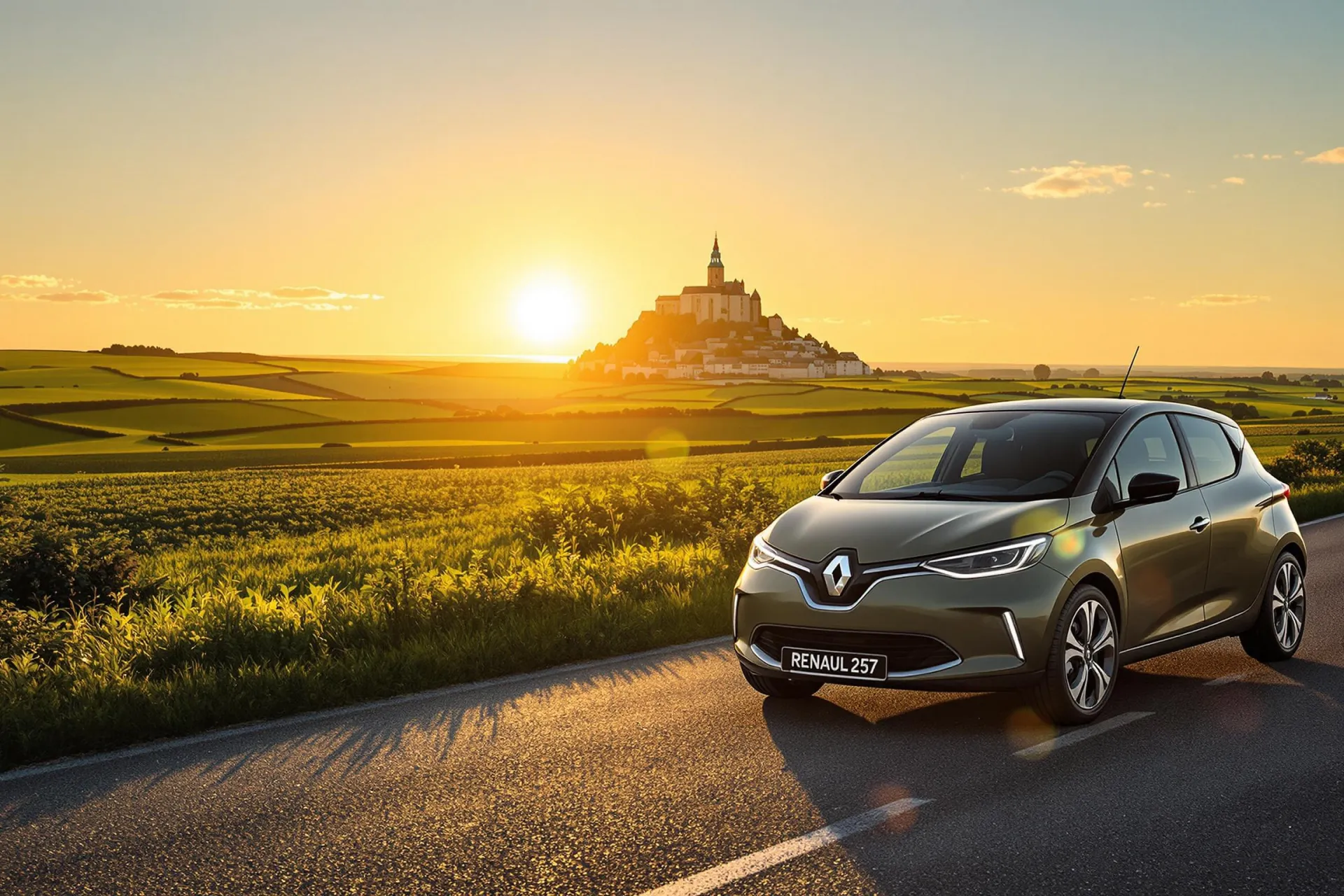 Une Renault 5 électrique stationnée sur une route pittoresque en Normandie, avec Mont Saint-Michel.