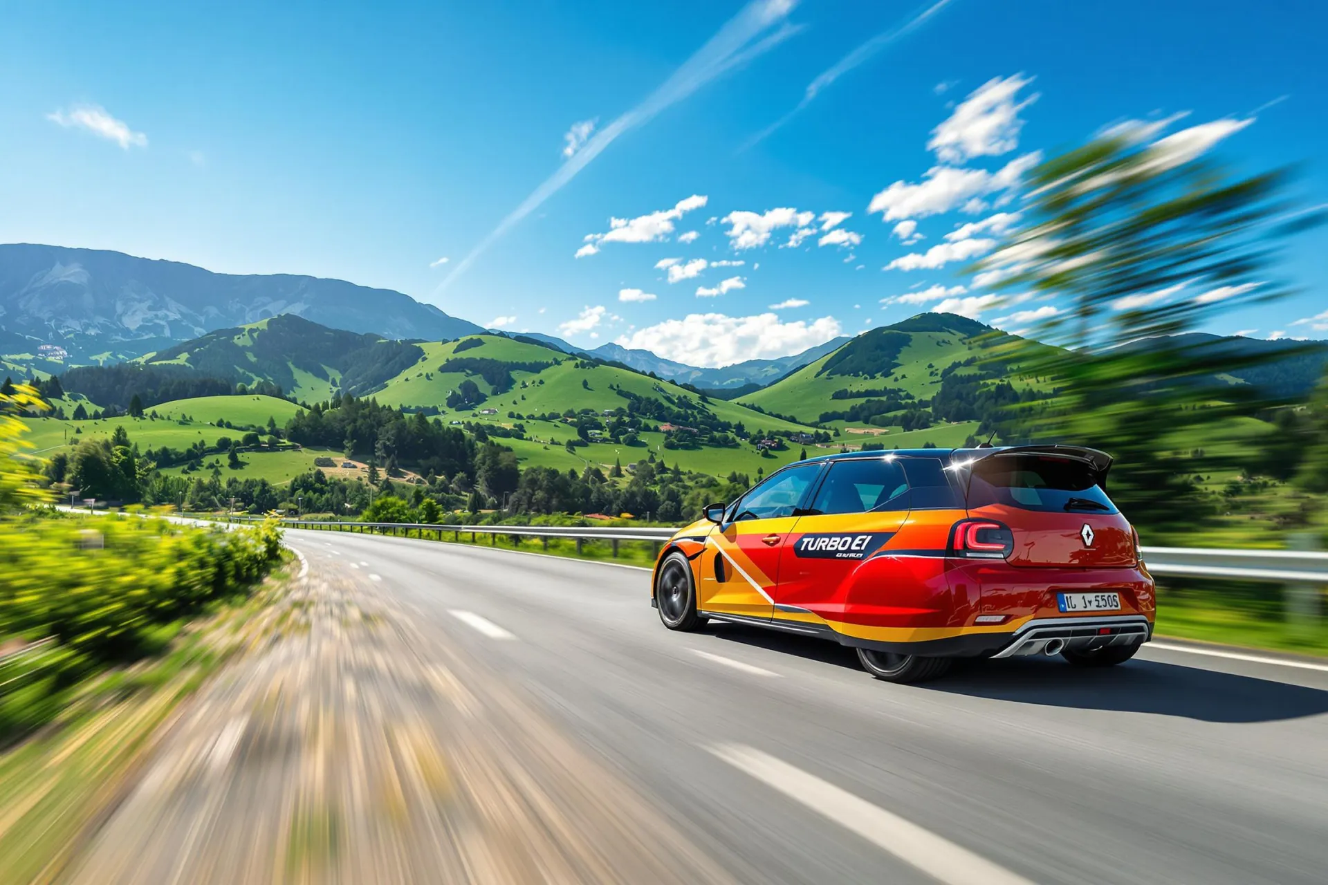 La Renault 5 Turbo 3E roule sur une route de montagne pittoresque, soulignant son design moderne et vibrant.