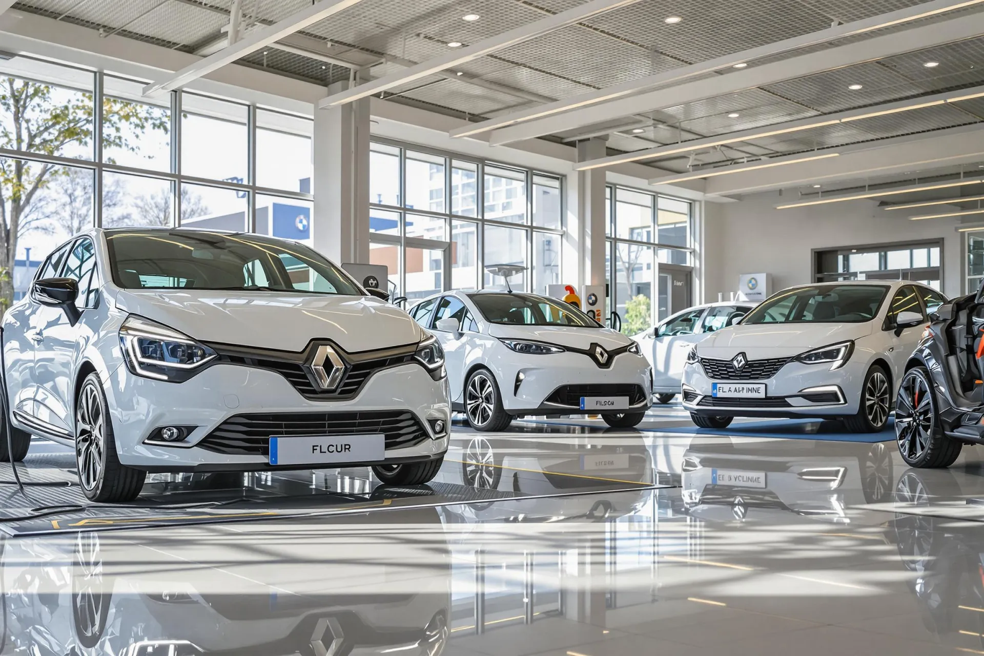 Une Renault Clio brillante au premier plan avec une Ford Fiesta électrique en arrière-plan dans un showroom lumineux.