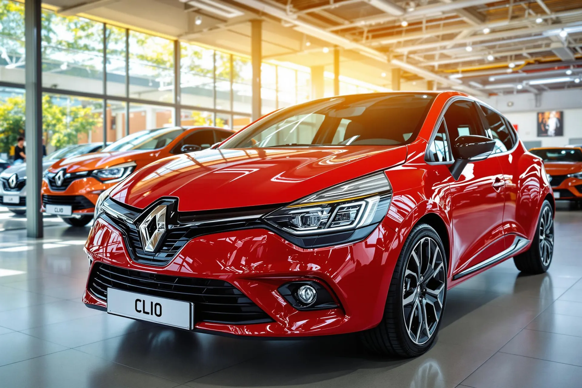 La Renault Clio rouge est mise en avant dans un showroom moderne et lumineux.