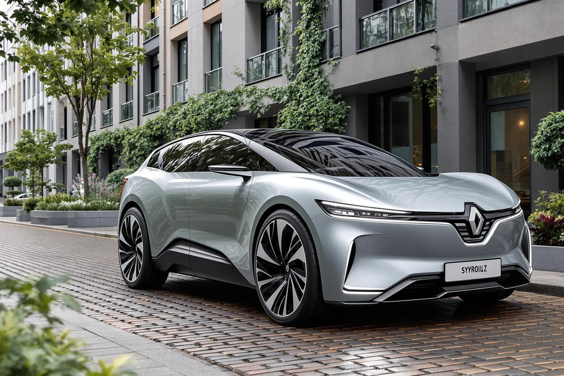 La Renault Symbioz 2025 est garée dans une rue urbaine moderne, mettant en valeur son design futuriste.