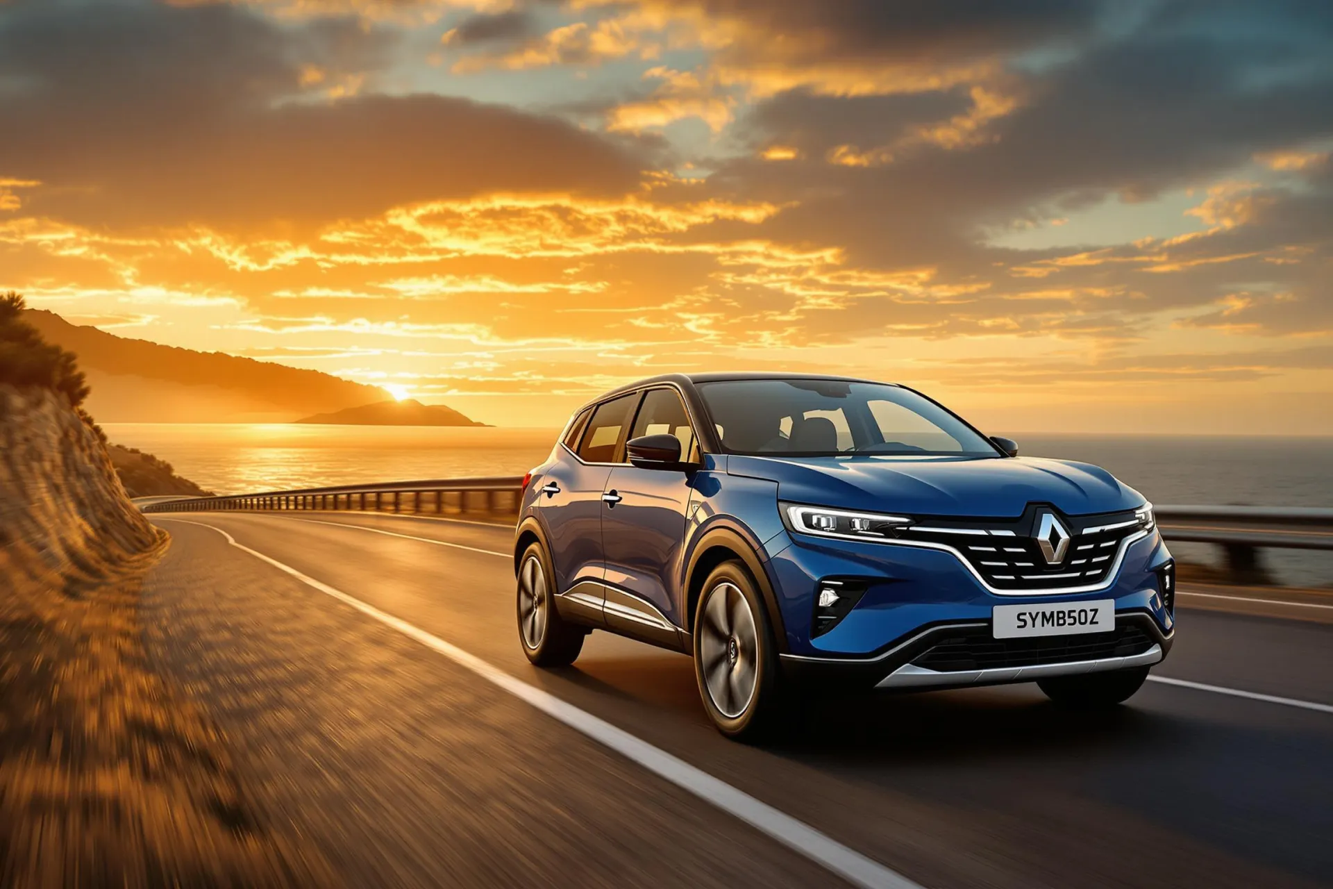 Une Renault Symbioz bleue métallisée roule sur une route sinueuse en bord de mer au coucher du soleil, mettant en valeur sa silhouette dynamique et ses phares LED.