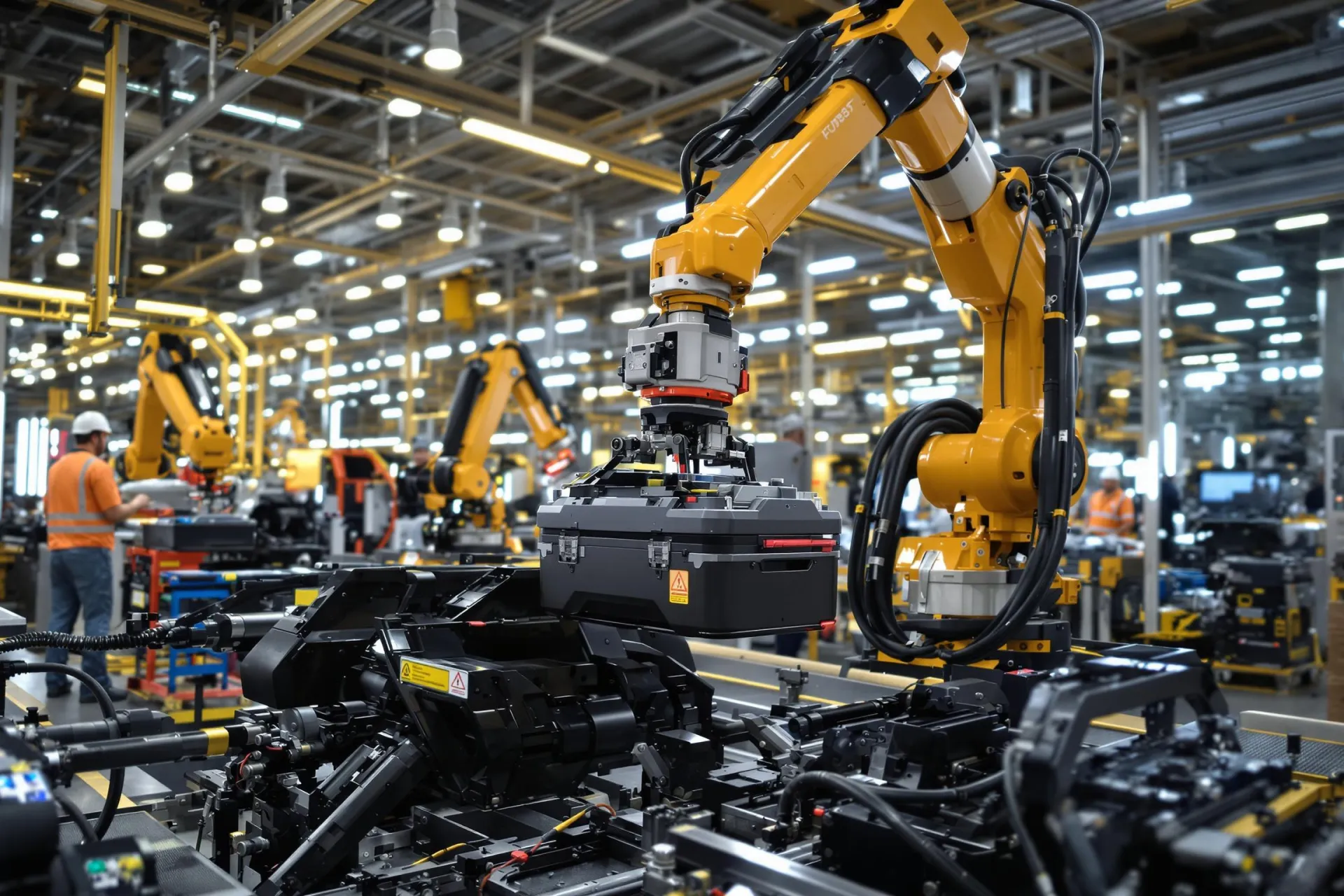 Un bras robotique place une batterie dans un châssis de voiture électrique en usine.