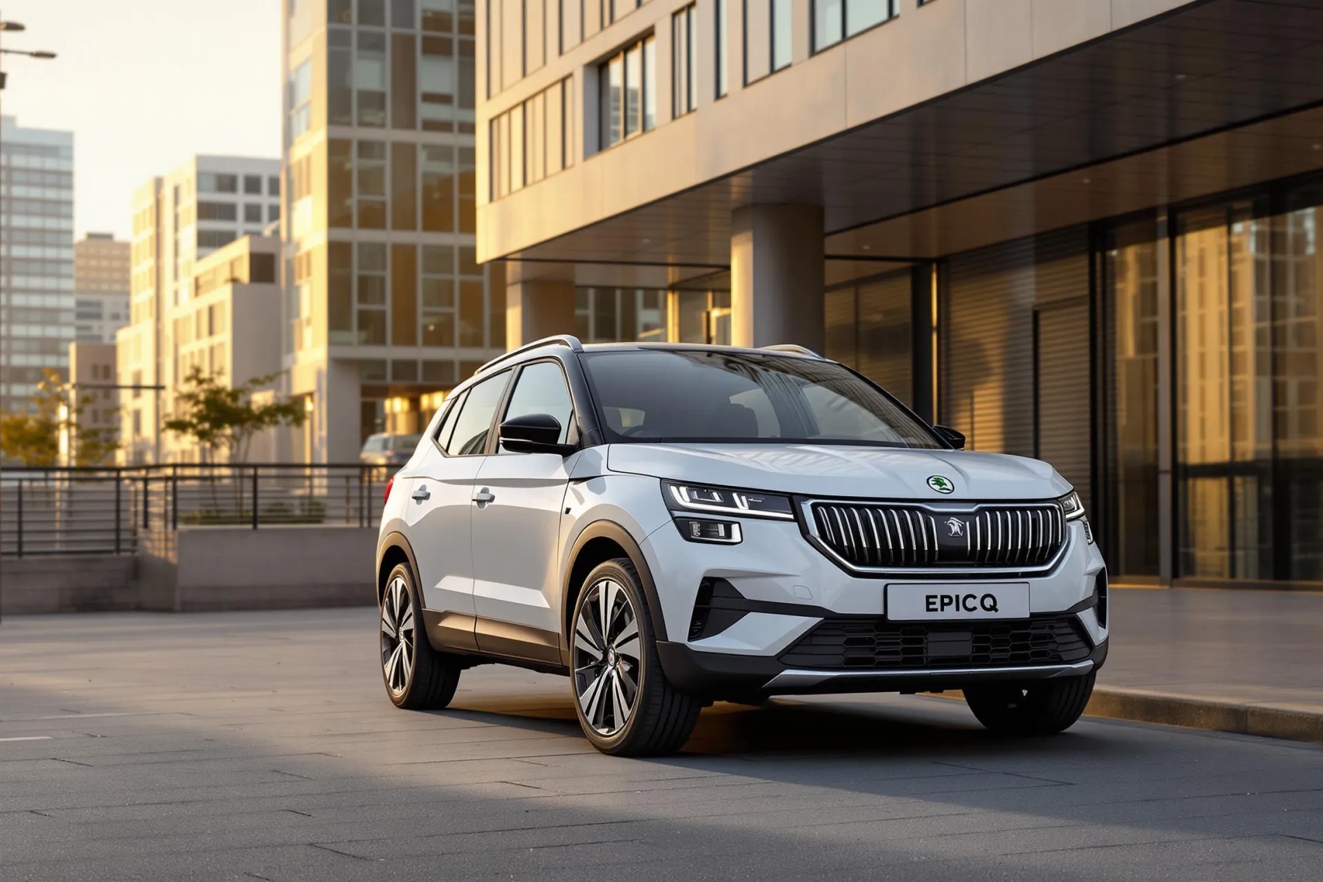Un crossover électrique Skoda Epiq de couleur métallisée est garé dans un environnement urbain moderne, mettant en valeur son design épuré et sa signature lumineuse distinctive.
