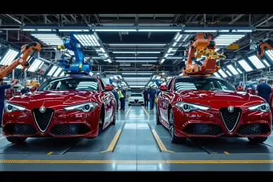 Une scène d'usine montrant des Alfa Romeo Giulia et Stelvio en cours d'assemblage.