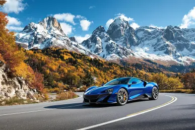 Une voiture de sport Alpine bleue sur une route de montagne avec les Alpes en arrière-plan.