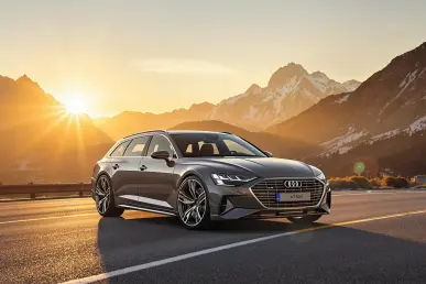 Une Audi A6 Avant e-tron est garée sur une route de montagne au coucher du soleil.